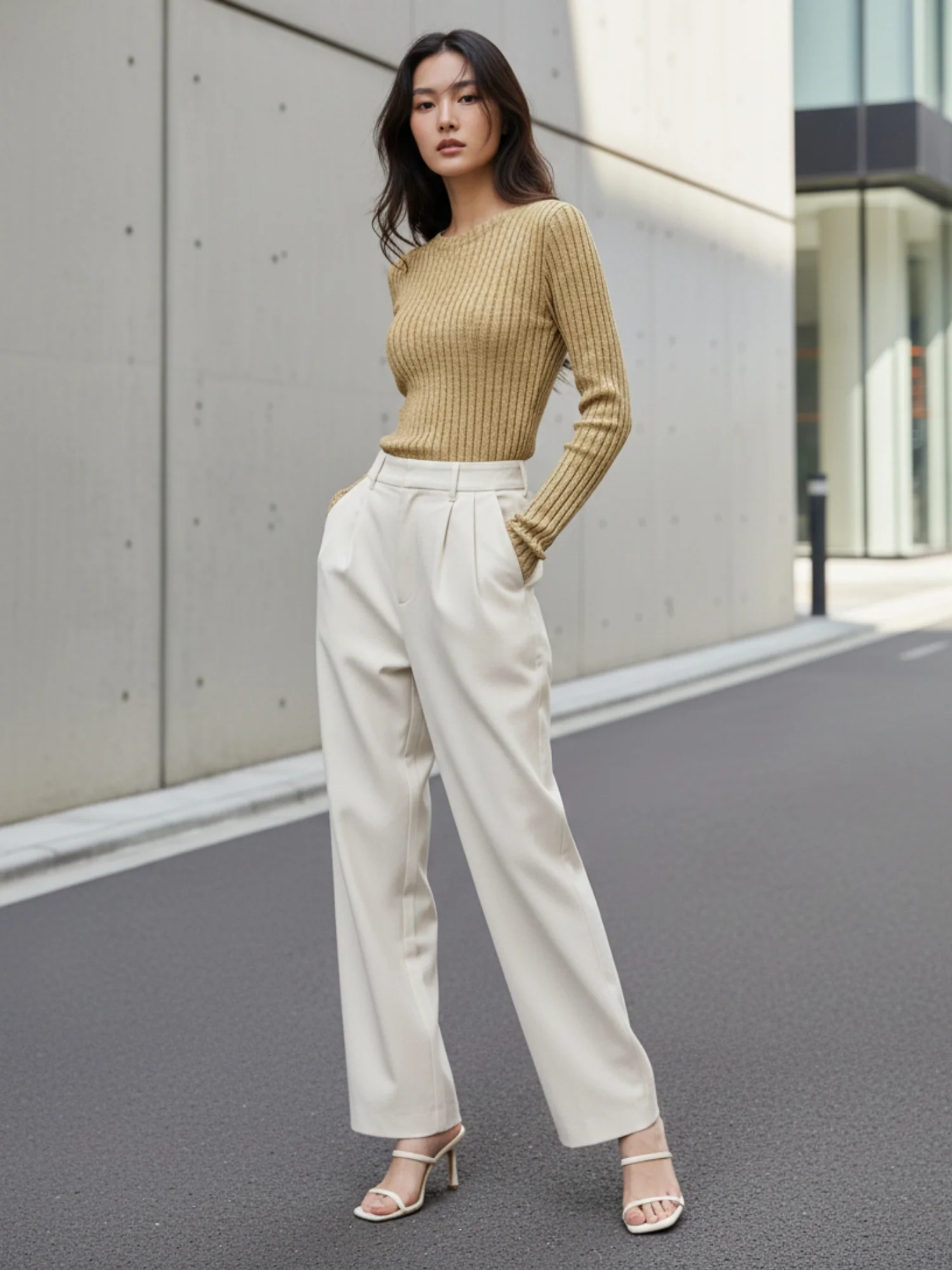 Tan Full Sleeve Crew Neck Fitted Top - Image 3