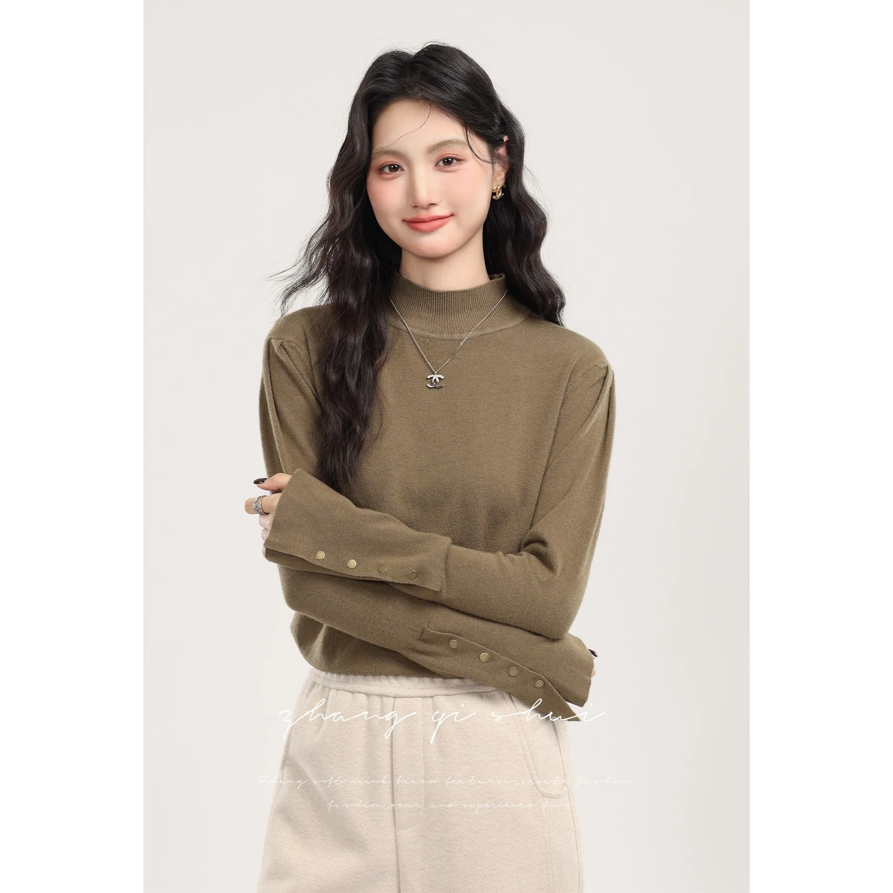 Taupe Full Sleeve High Neck Sweaters - Image 2