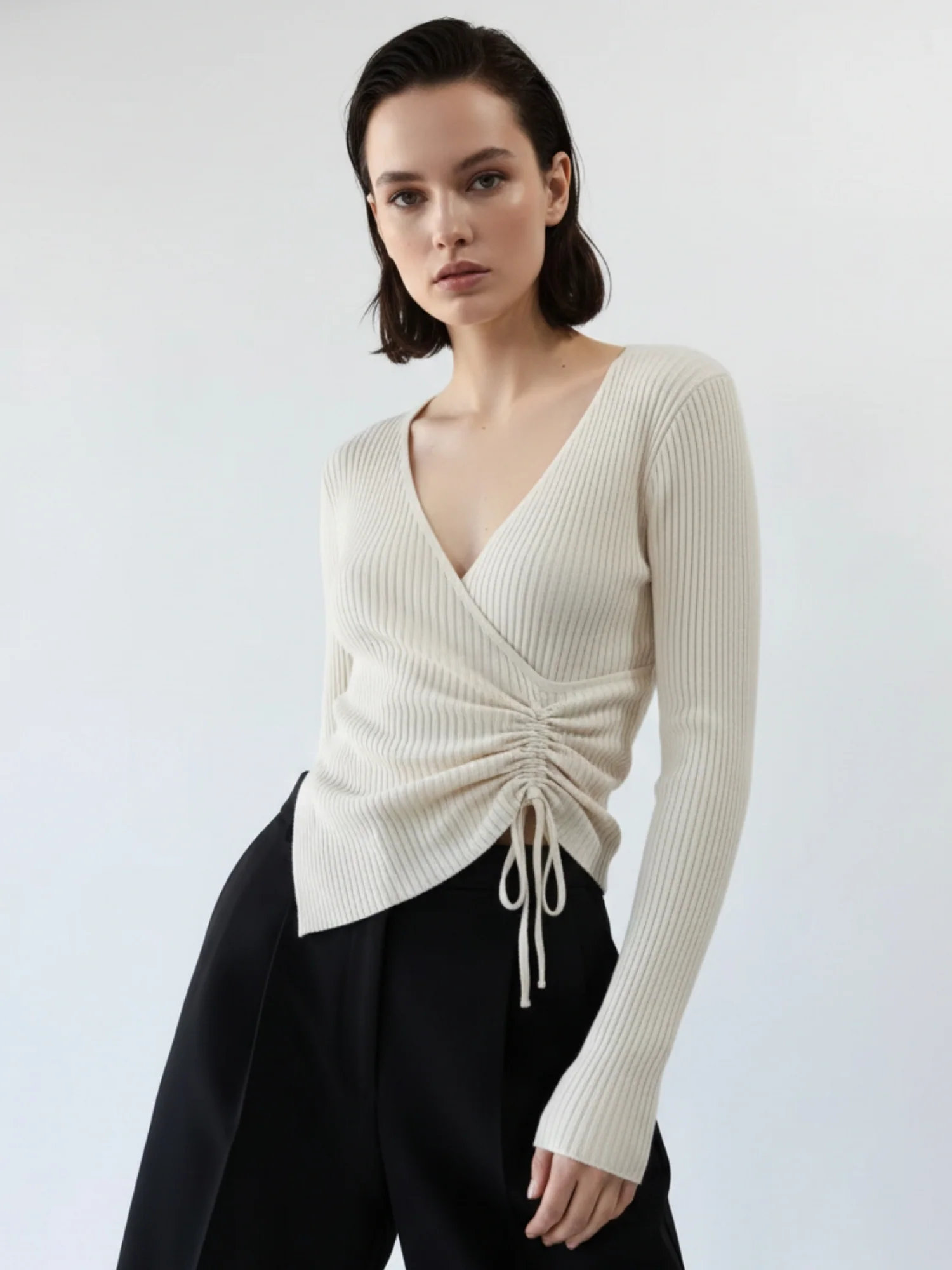 Taupe Full Sleeve Side Ruched Asymmetrical Hem Top - Image 2