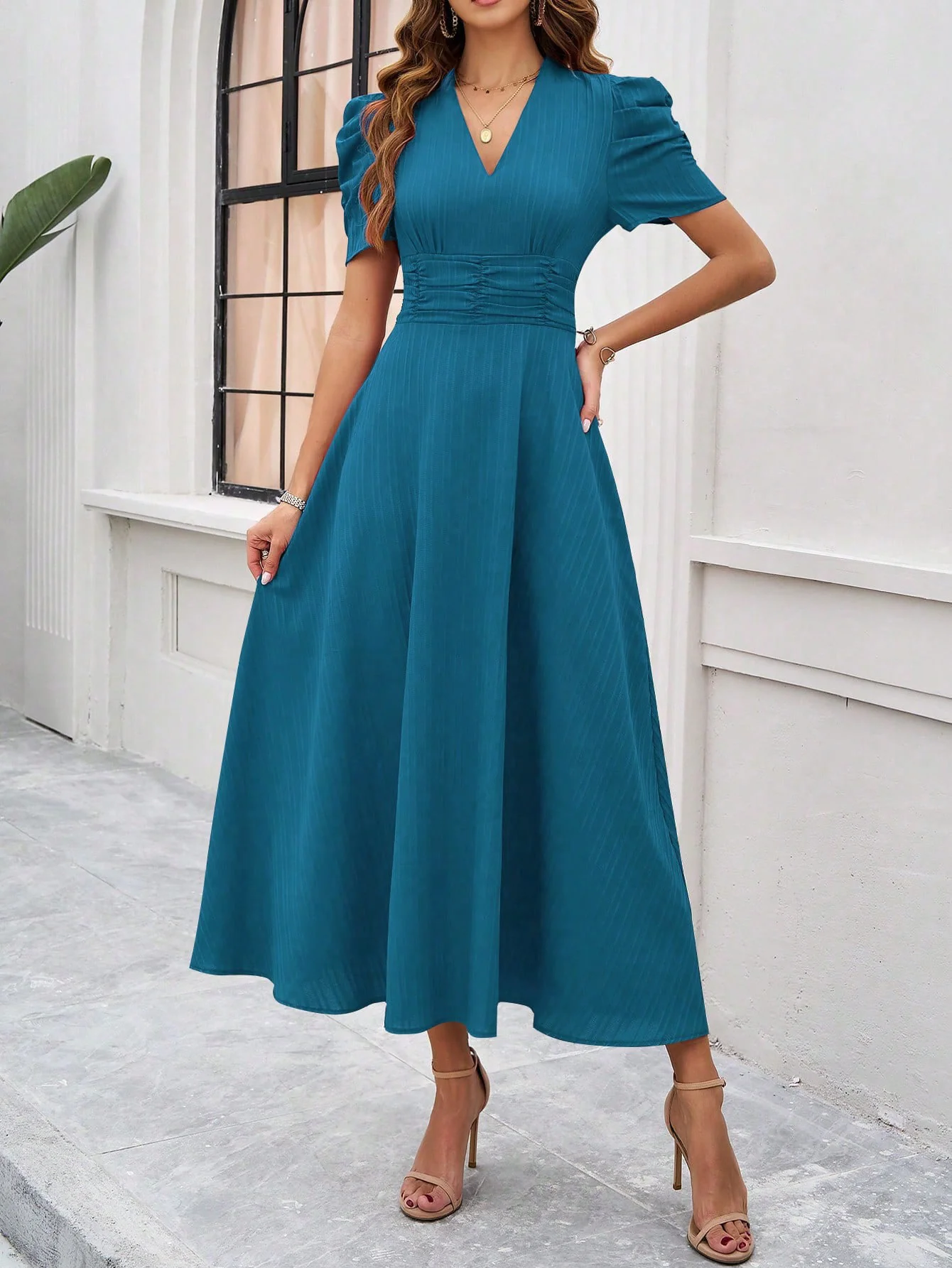 Teal Fit And Flare Midi Dress - Image 3