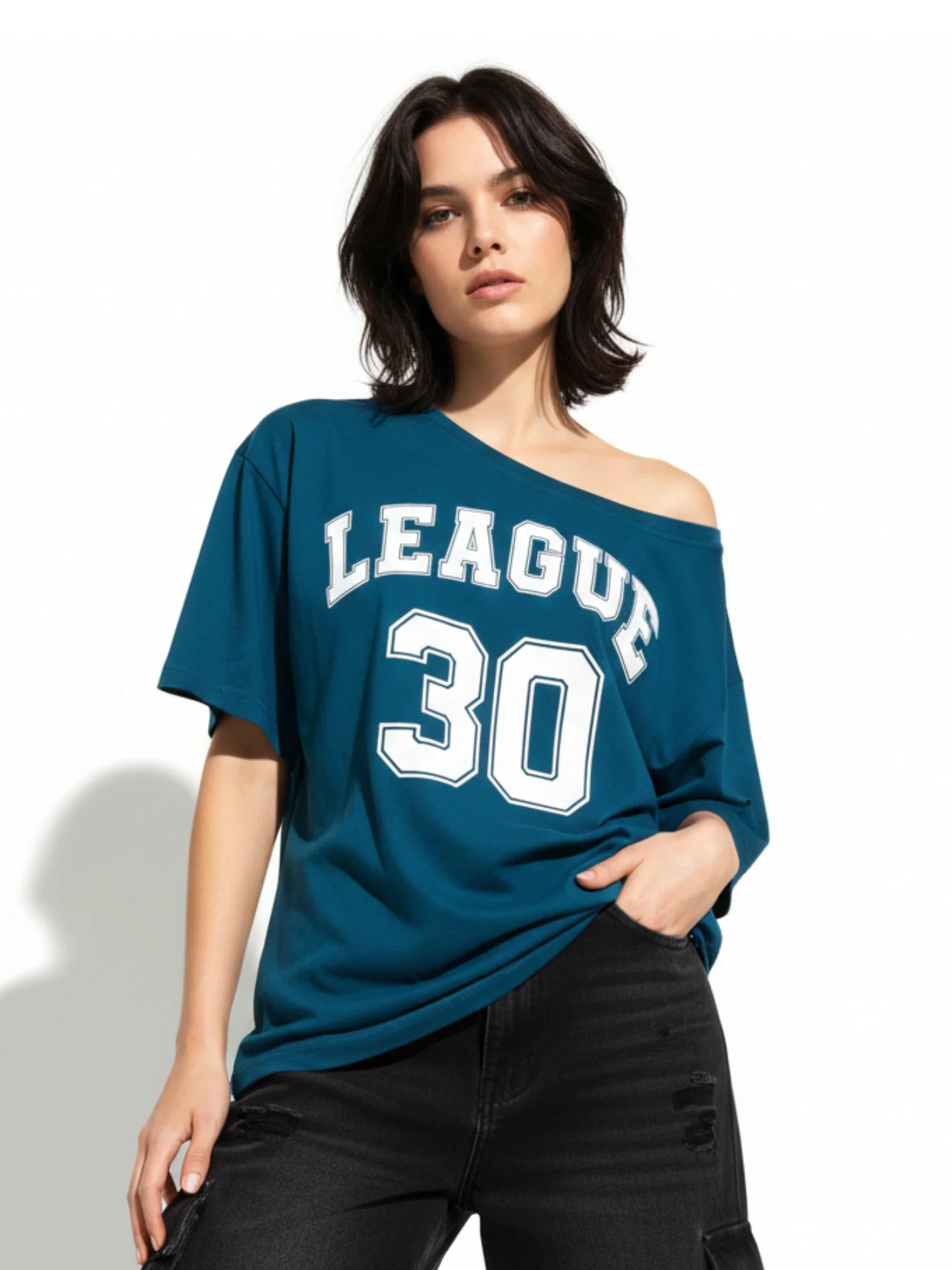 Teal Off-Shoulder Graphic Printed T-Shirt - Image 2