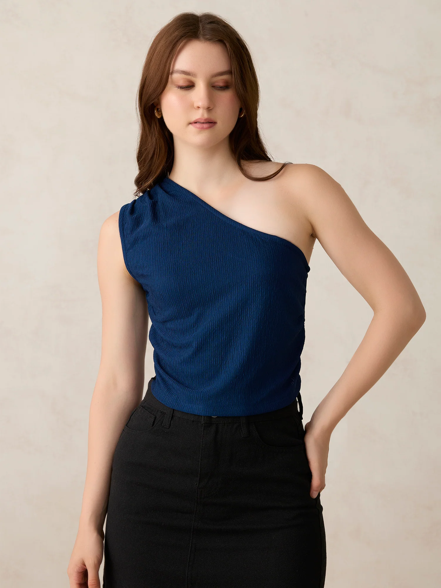 Teal One Shoulder Side Ruched Top