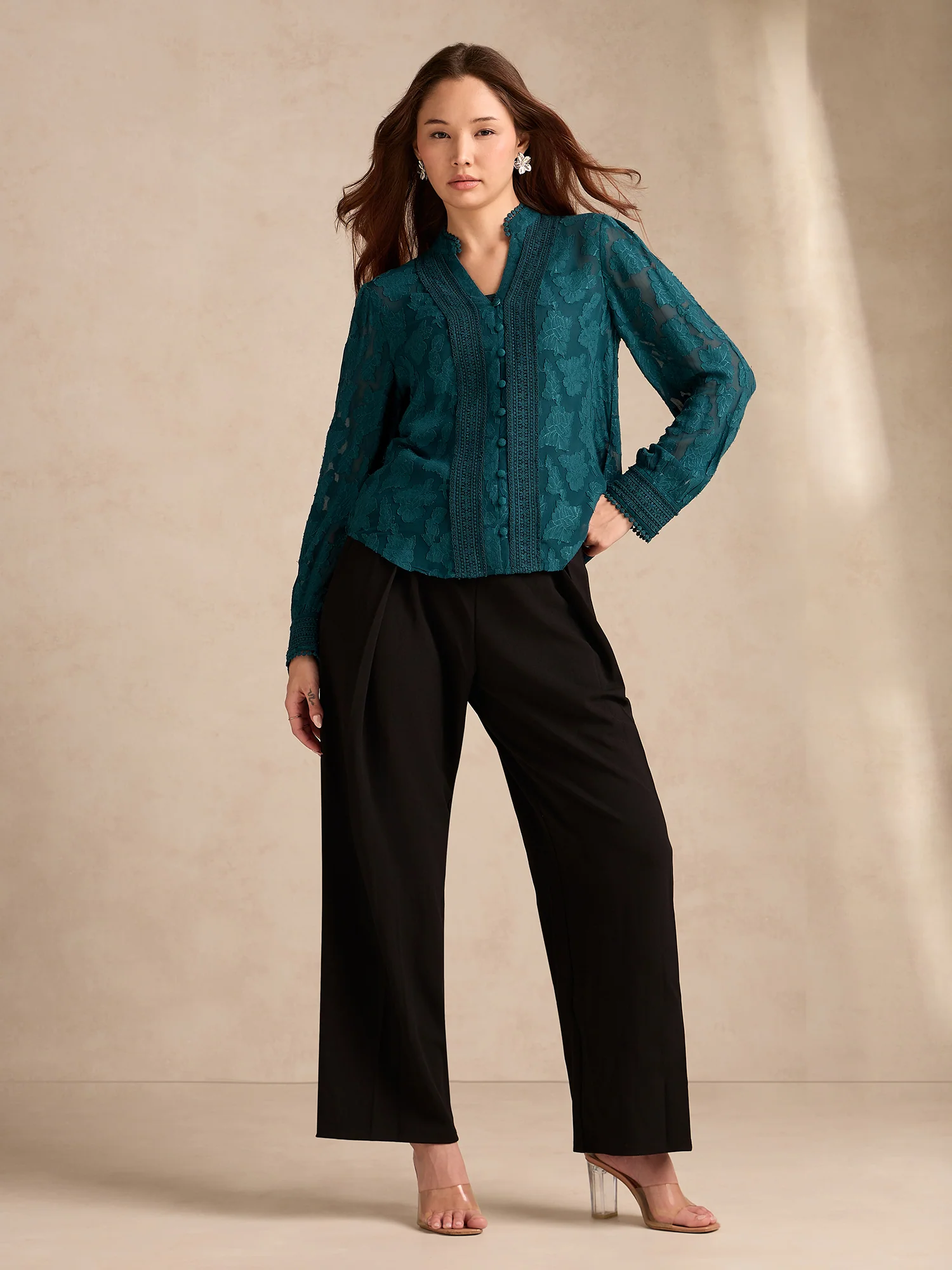Teal Regular Fit Burnout Fabric Blouse With Lace Details - Image 4