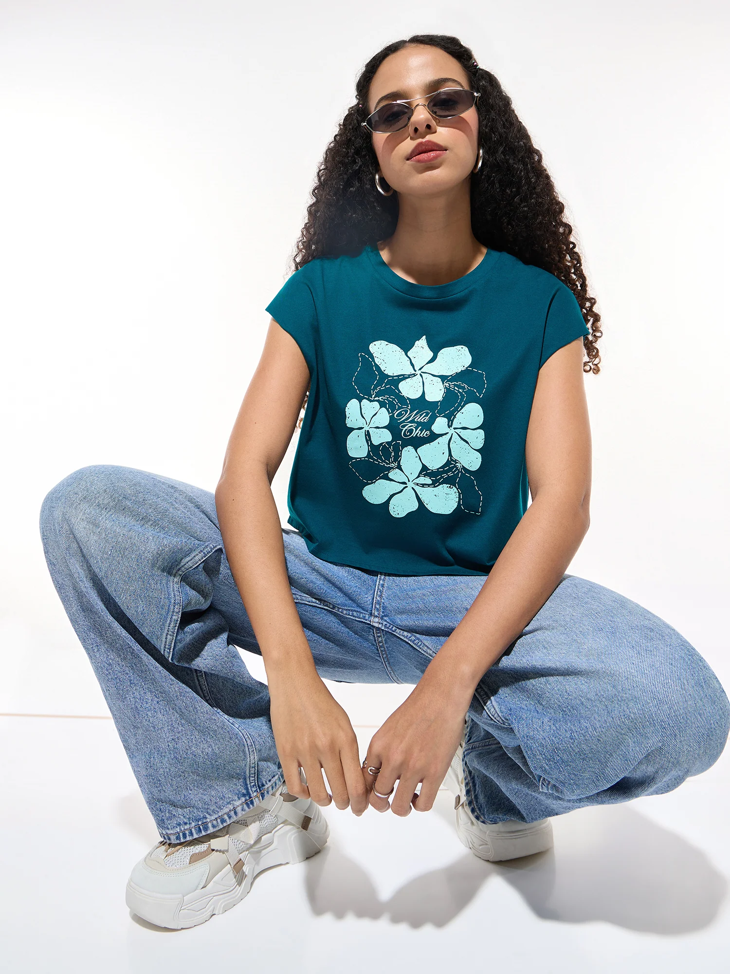 Teal Sleeveless Crop Boxy Printed Tees - Image 4