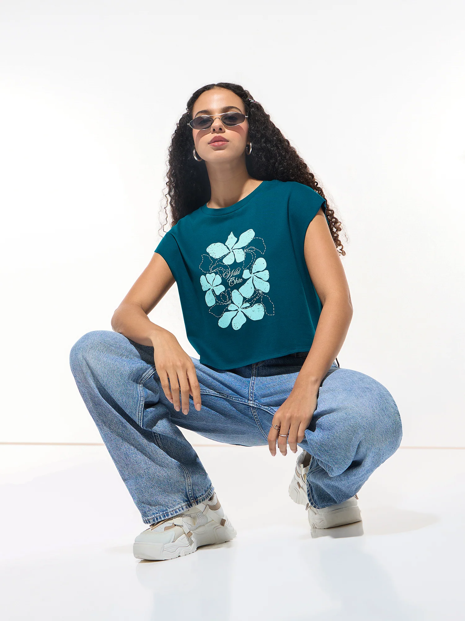 Teal Sleeveless Crop Boxy Printed Tees - Image 6