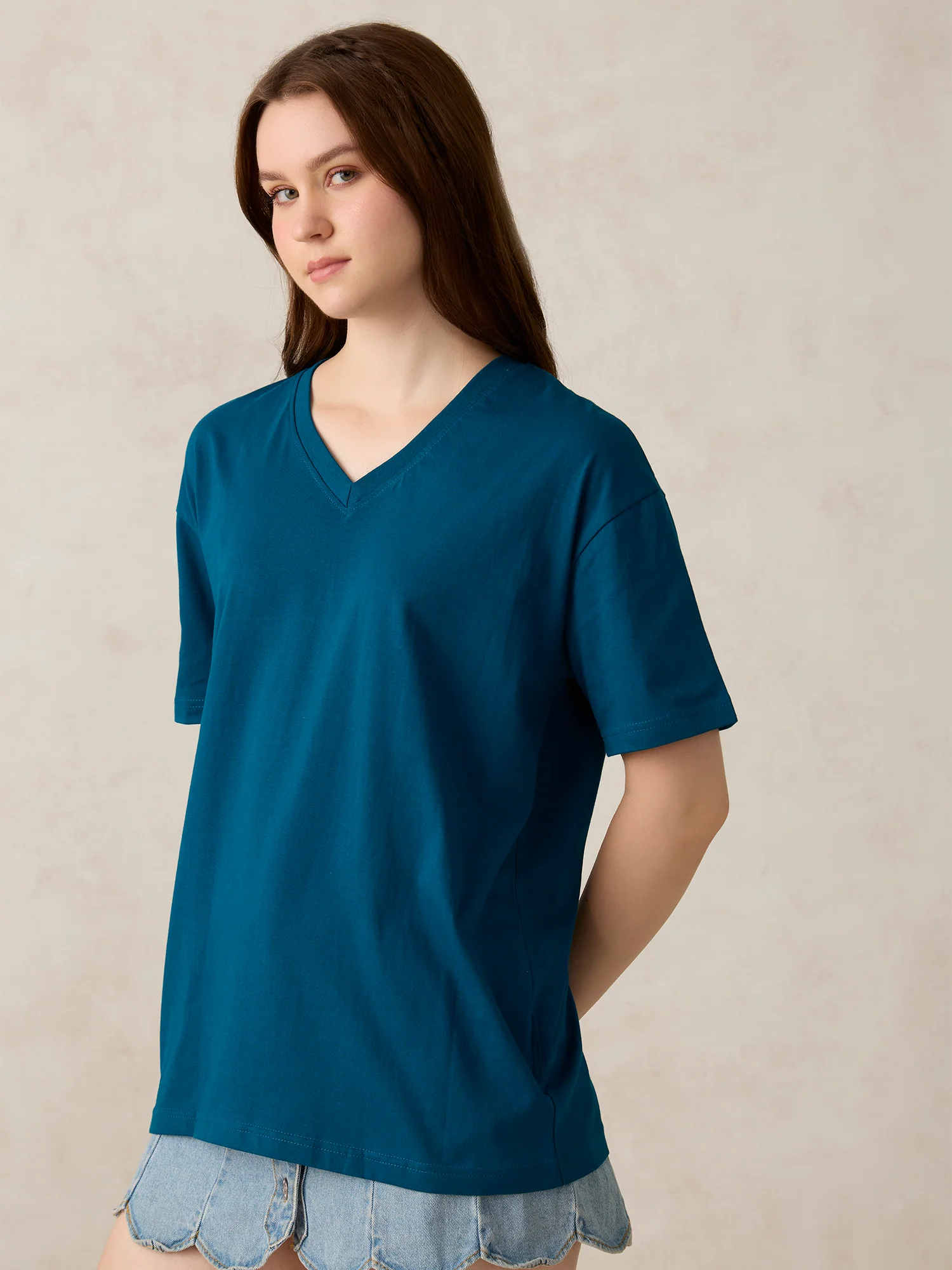 Teal V Neck Solid Oversized T-Shirt - Image 3