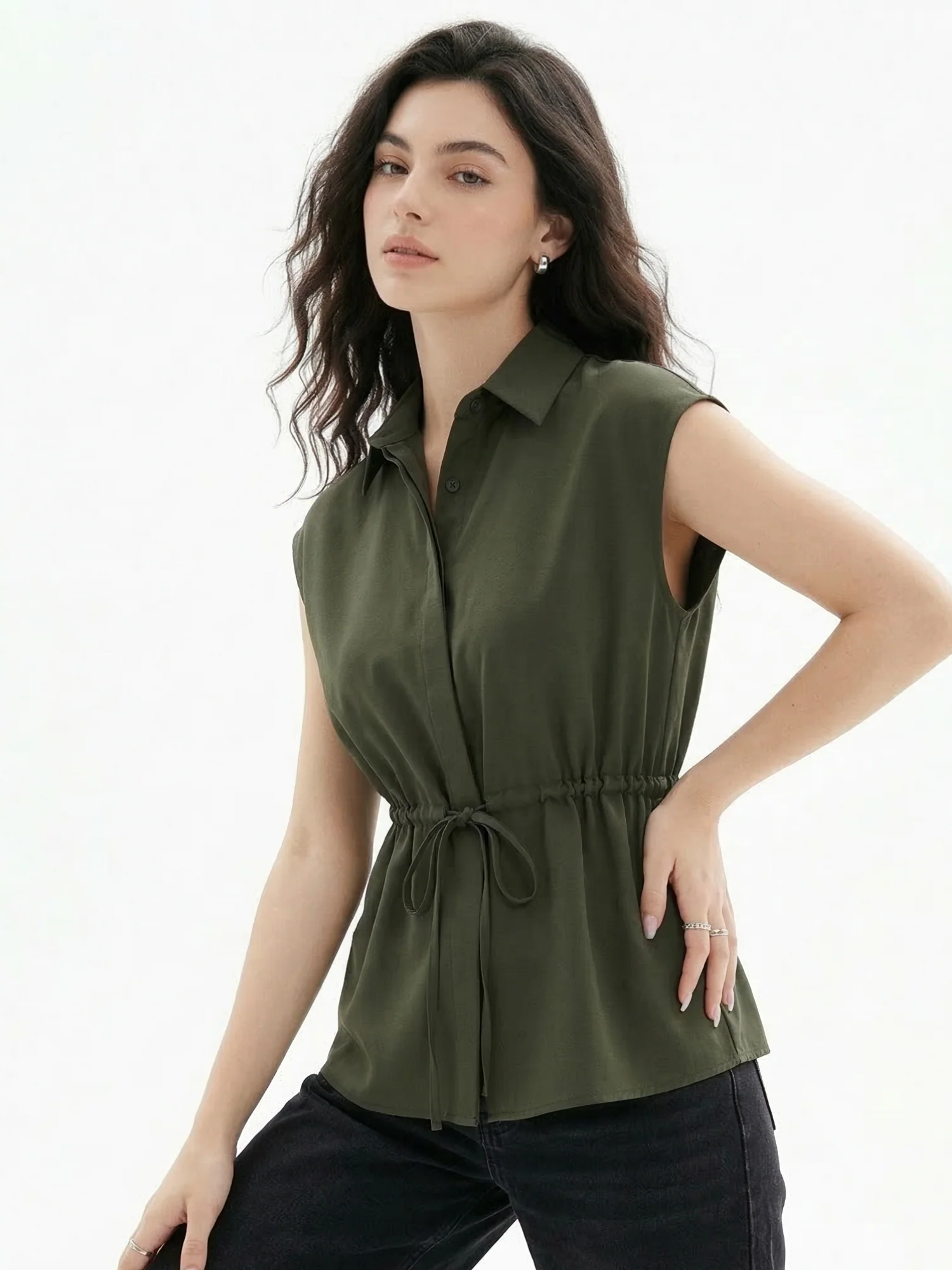Teal Waist Detail Collared Top - Image 2