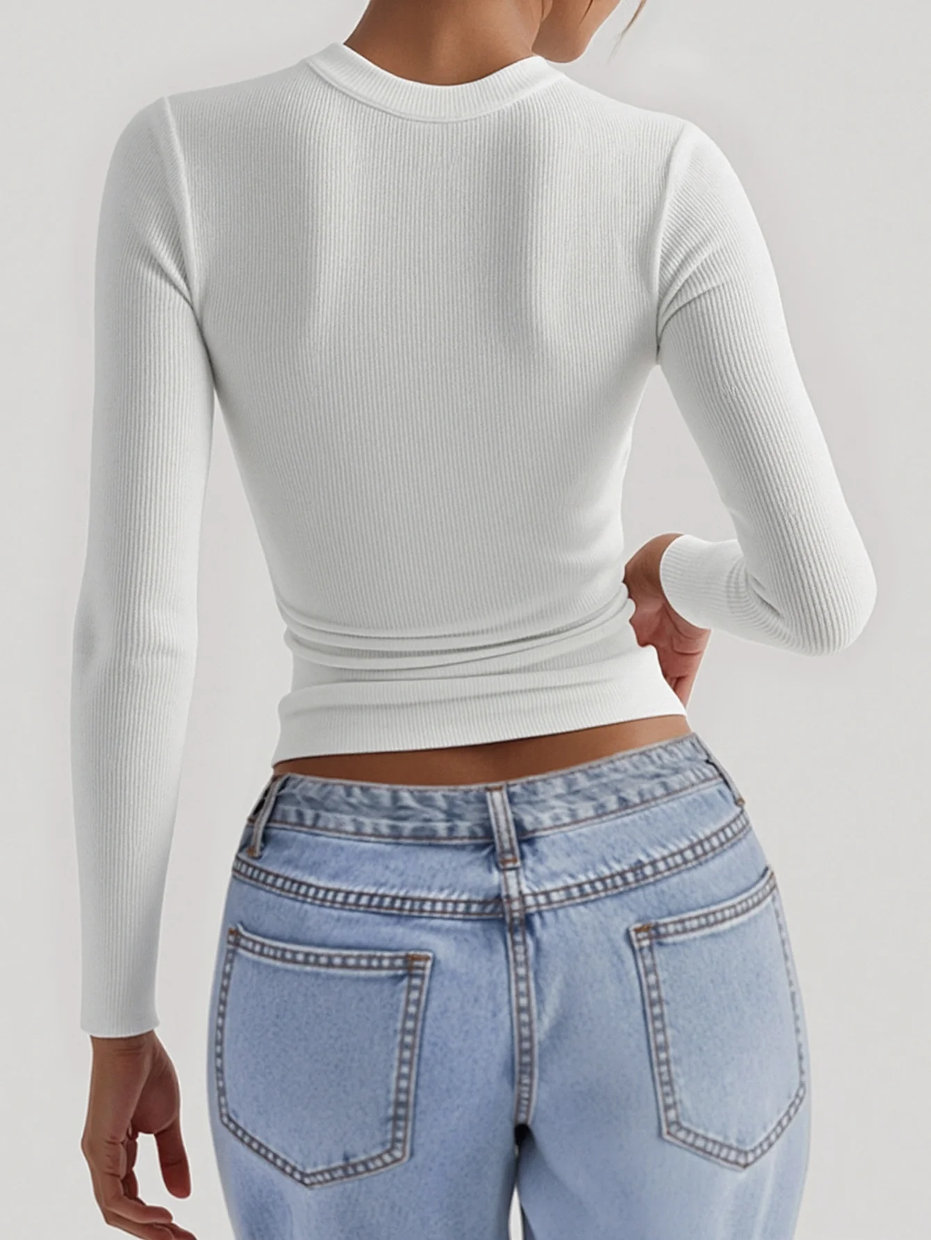 White Basic Full Sleeves Solid Square Neck Top - Image 2