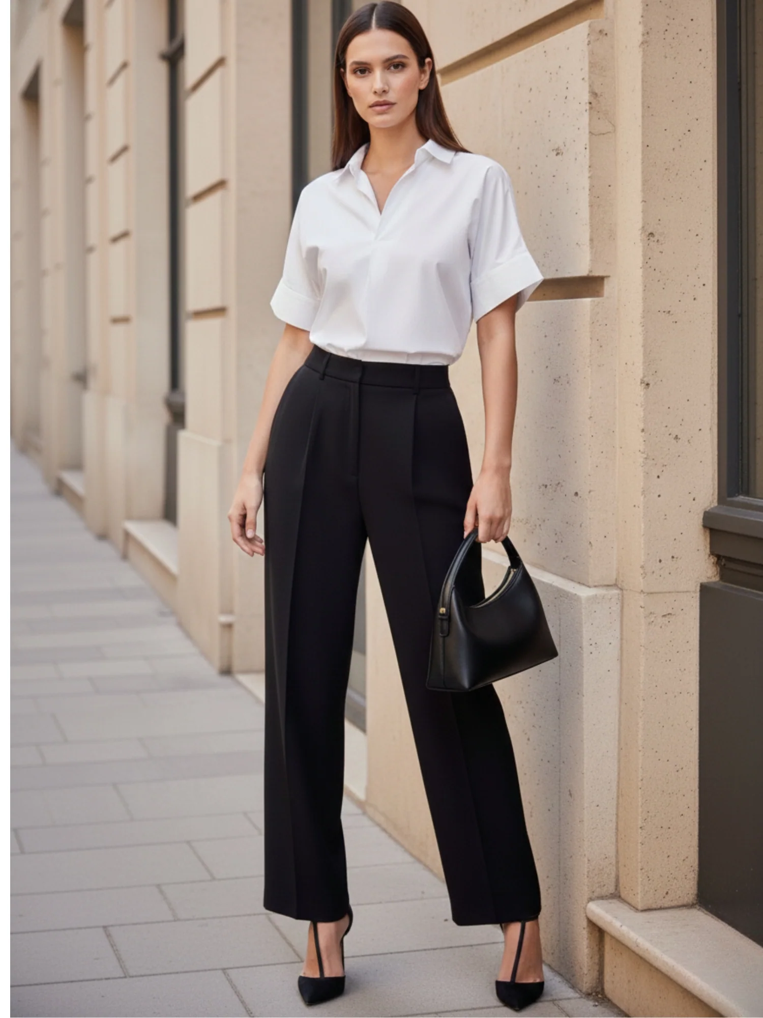 White Beige Boxy Shirt With Rolled Short Sleeves - Image 3