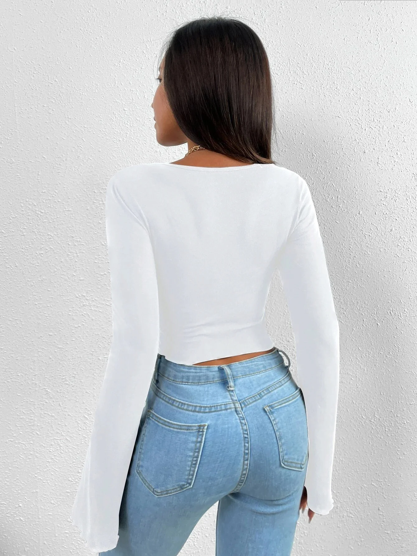 White Bell Sleeve Asymmetrical Hem Top - Image 2