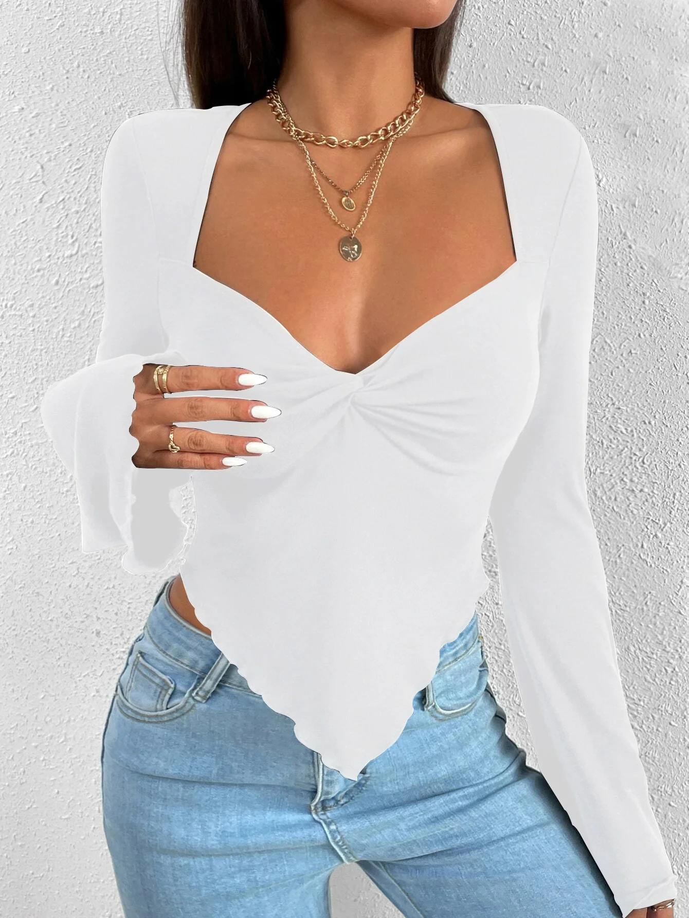 White Bell Sleeve Asymmetrical Hem Top - Image 4