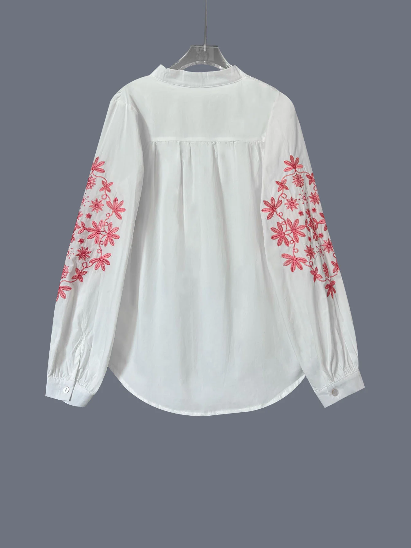 White Bishop Sleeve Front Buttoned Mandarin Collar Embroidered Top - Image 2