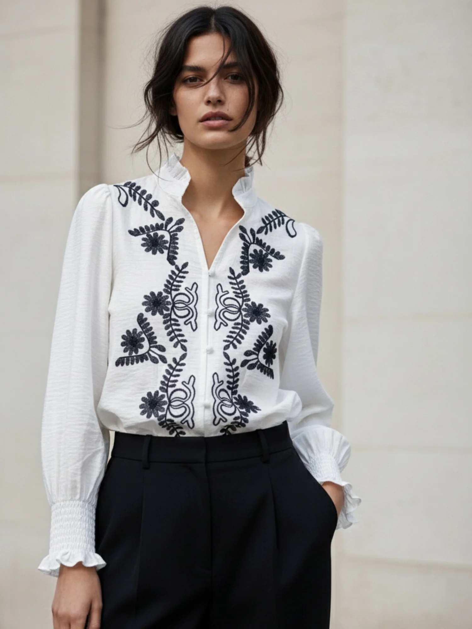 White Bishop Sleeve Mandarin Collar Embroidered Top - Image 2