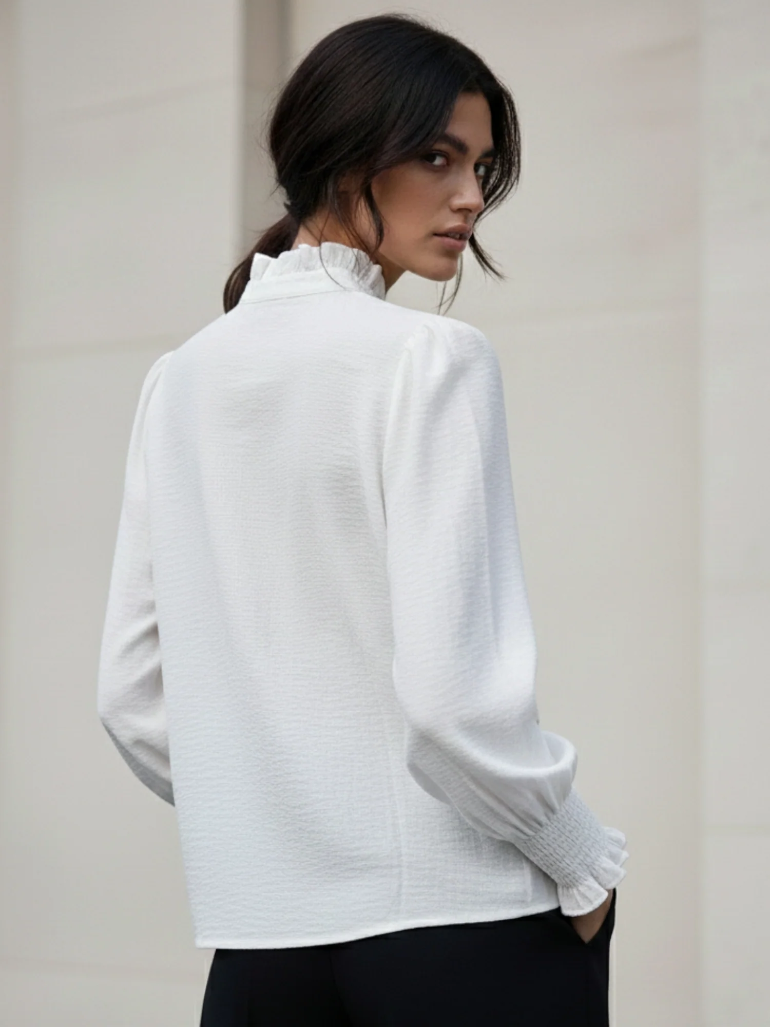 White Bishop Sleeve Mandarin Collar Embroidered Top - Image 3