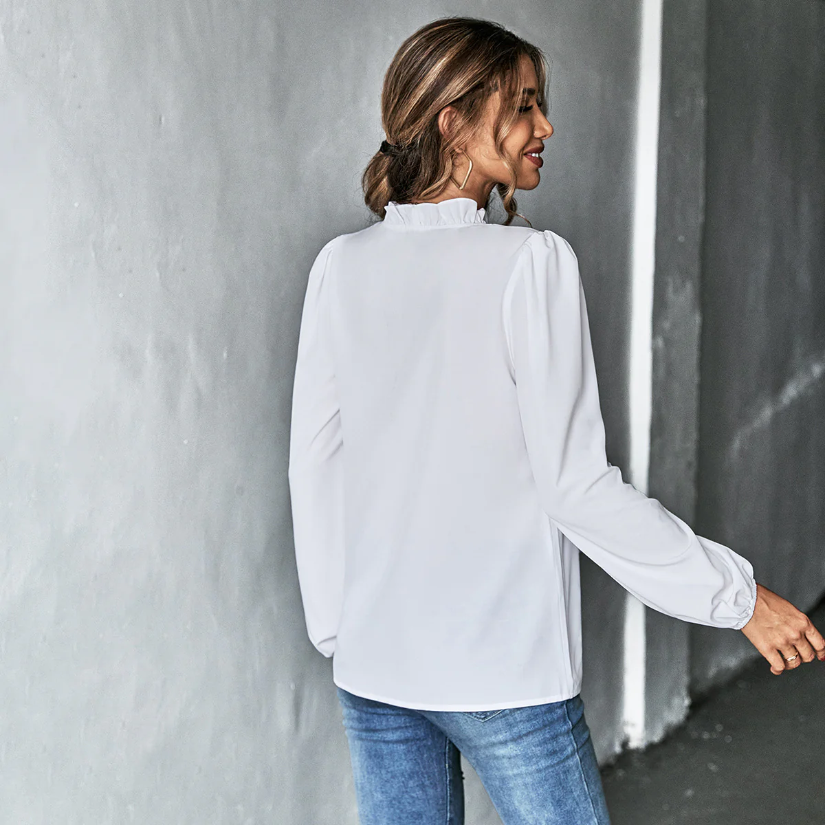 White Bishop Sleeve Ruffle Hem Top - Image 2