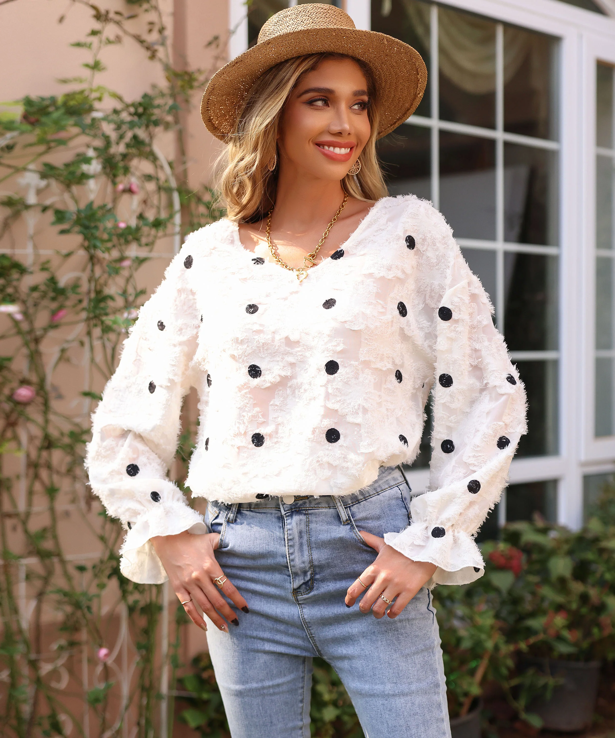 White Bishop Sleeve Textured Top - Image 2