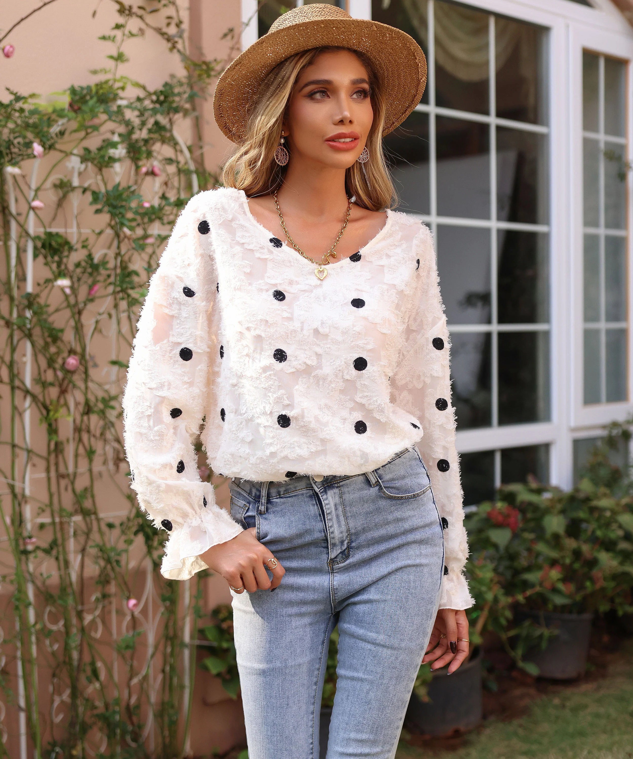 White Bishop Sleeve Textured Top - Image 3