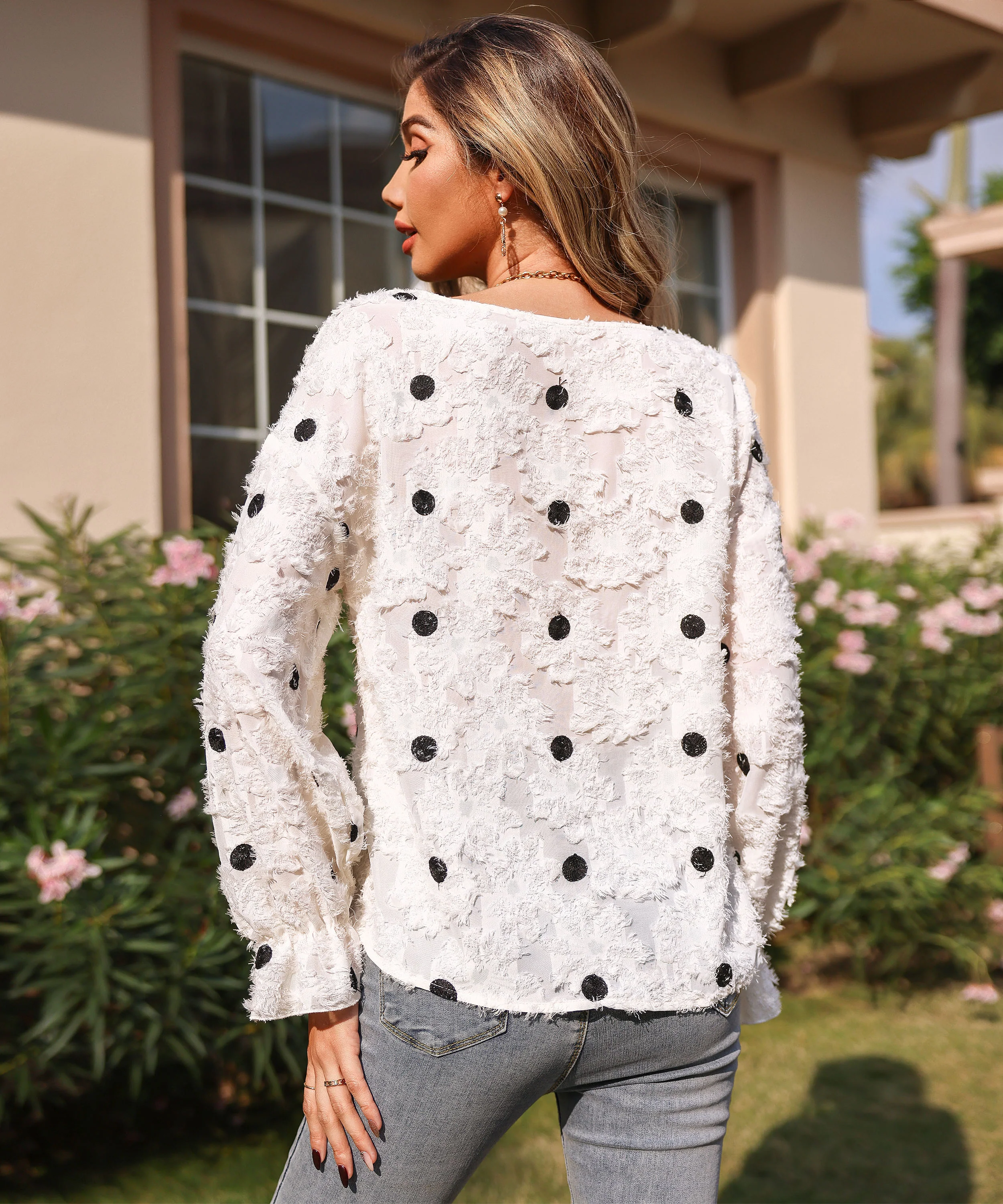 White Bishop Sleeve Textured Top - Image 4