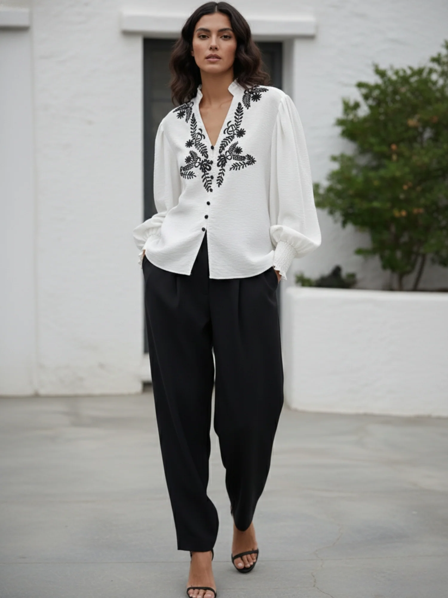 White Bishop Sleeve V Neck Embroidered Top - Image 3