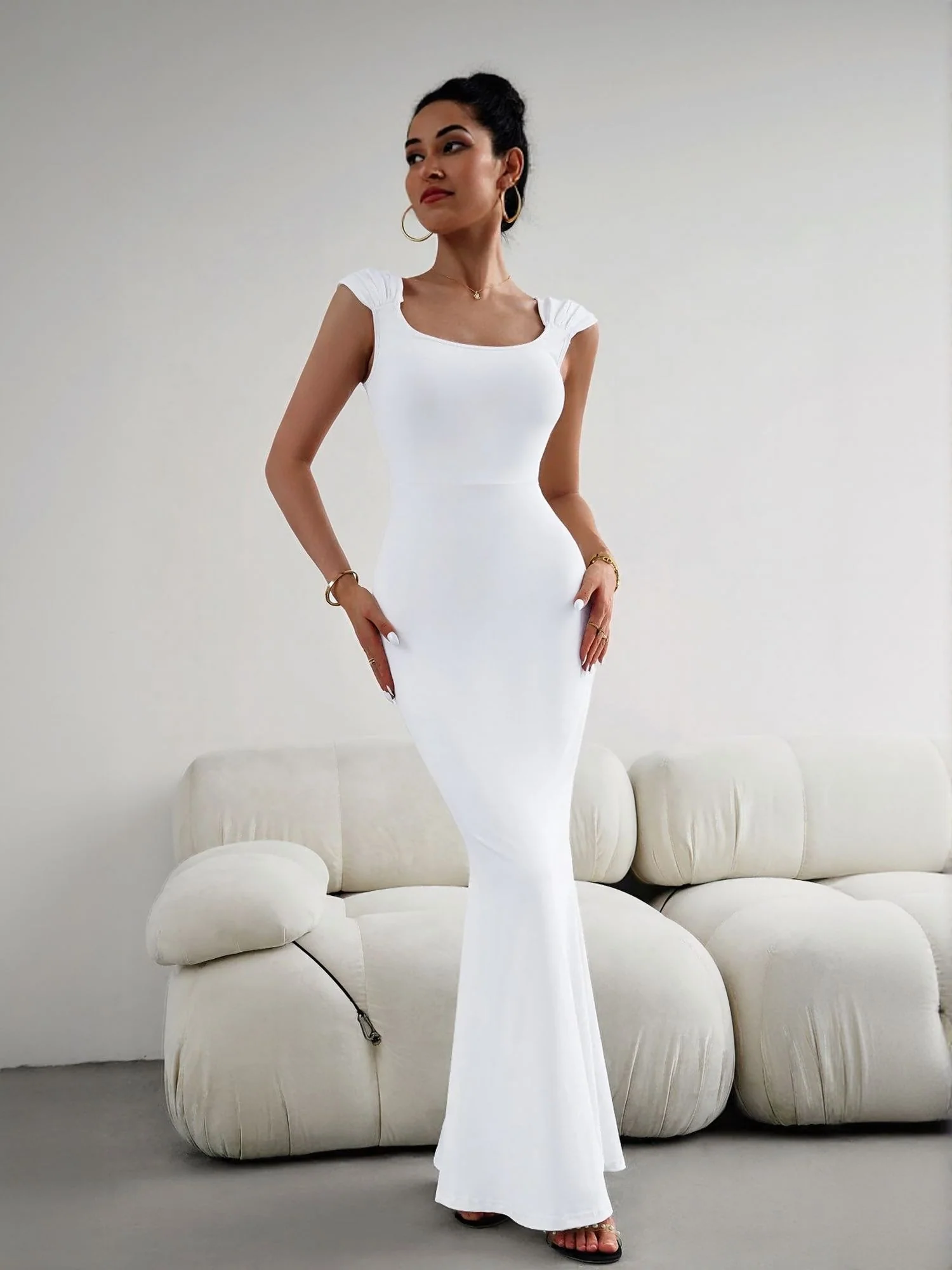 White Bodycon Maxi Dress With Gathered Strap