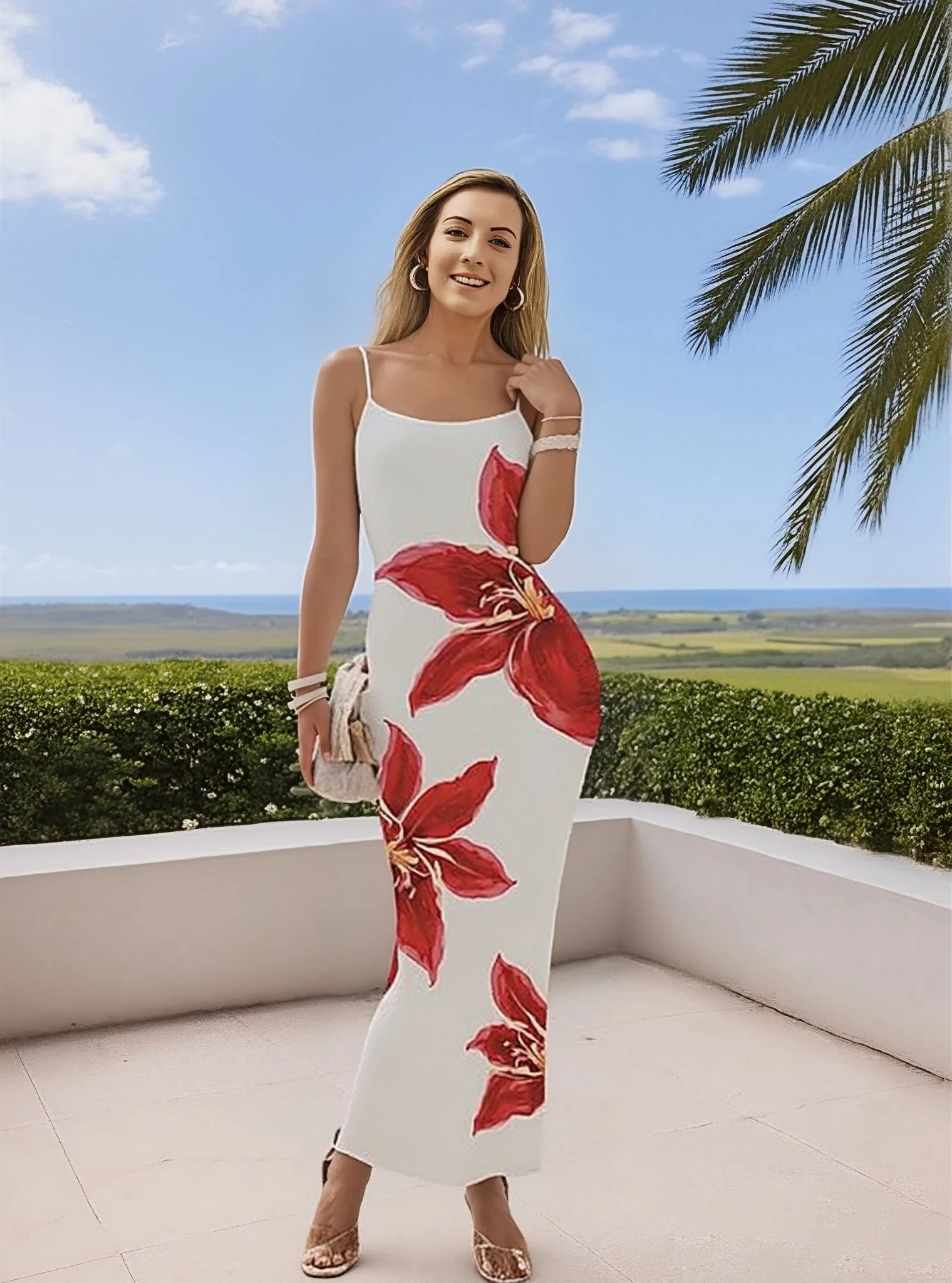 White Bold Floral Printed Strappy Dress - Image 2