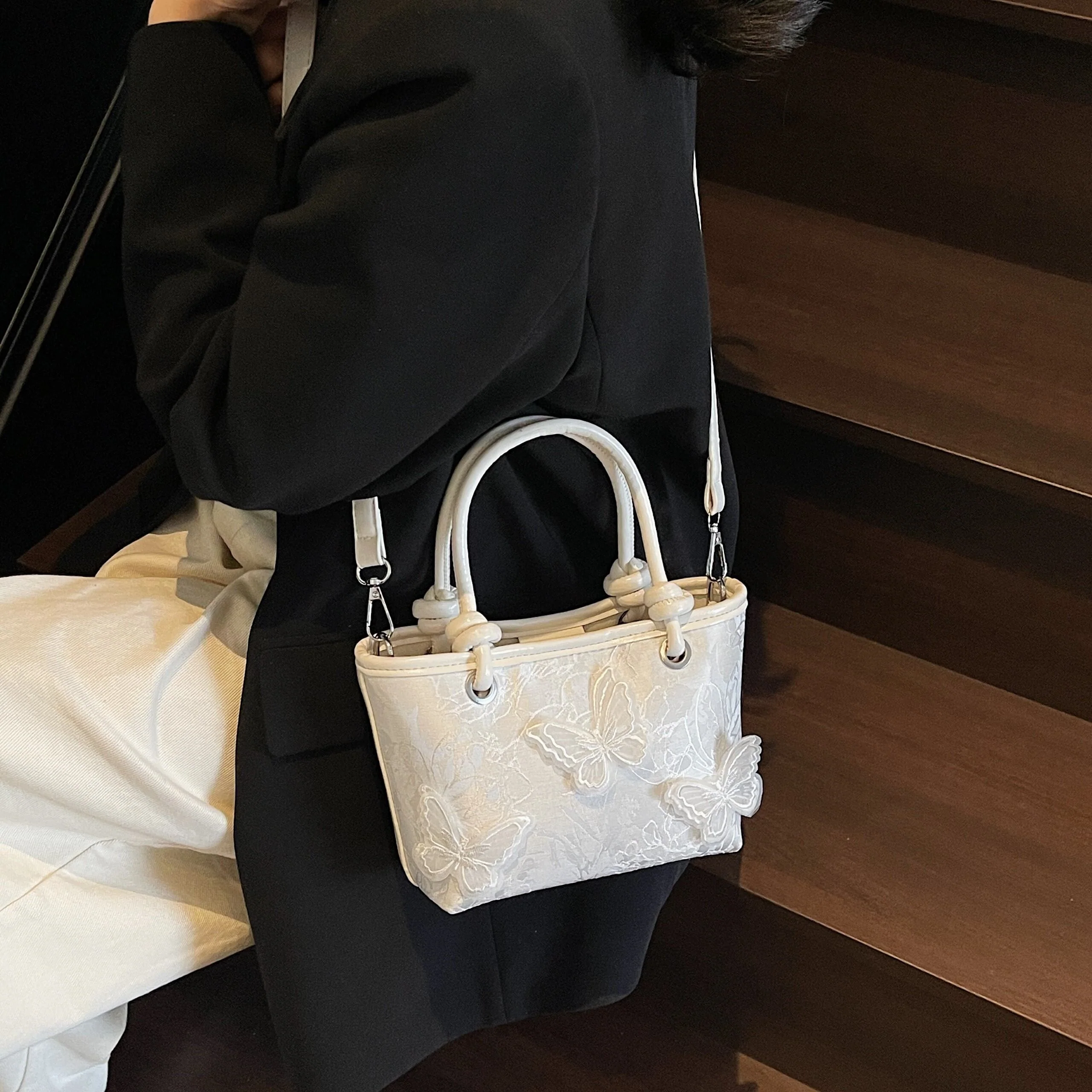 White Butterfly Embossed Hand Bag - Image 5