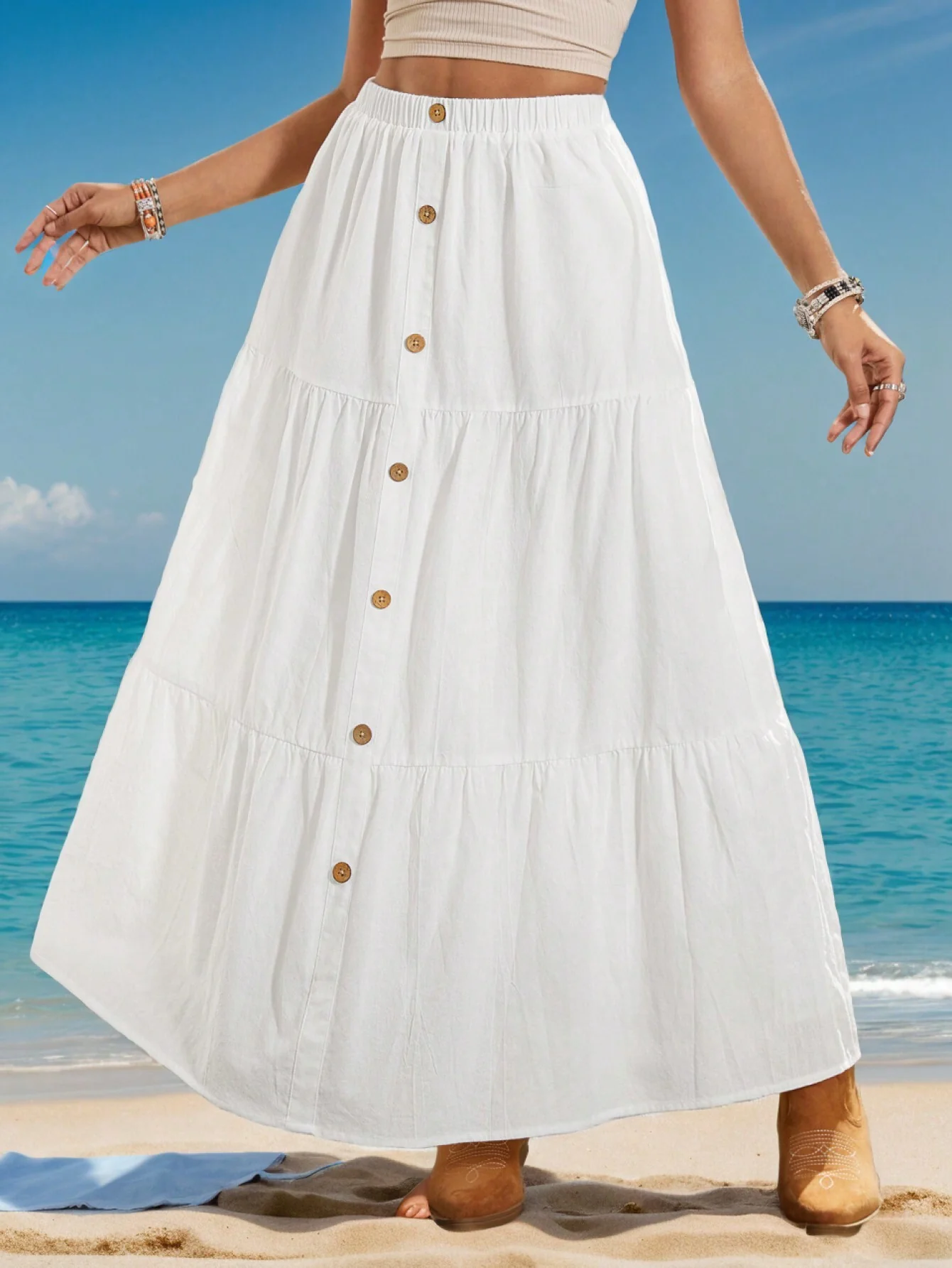 White Button Detail A-Line Skirt - Image 3
