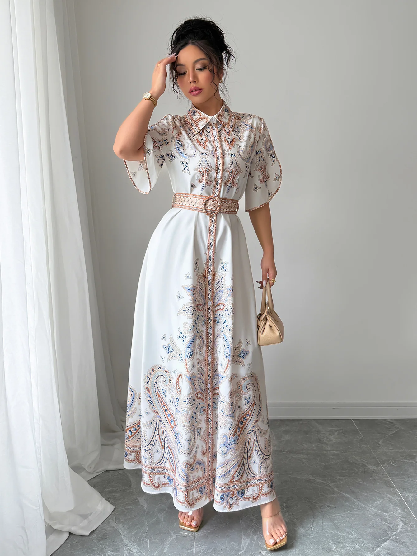 White Button Down Printed Shirt Dress - Image 2