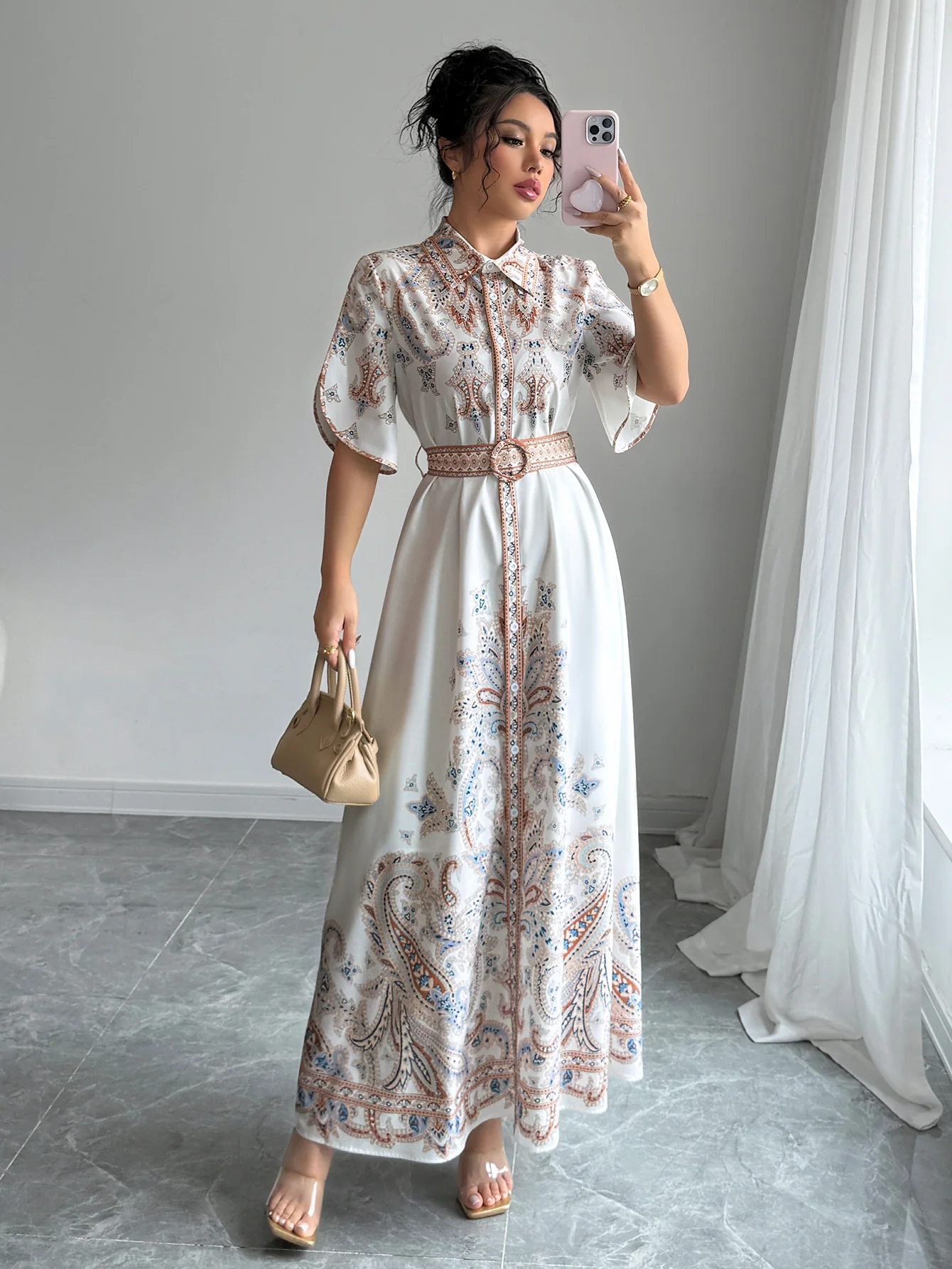 White Button Down Printed Shirt Dress - Image 3