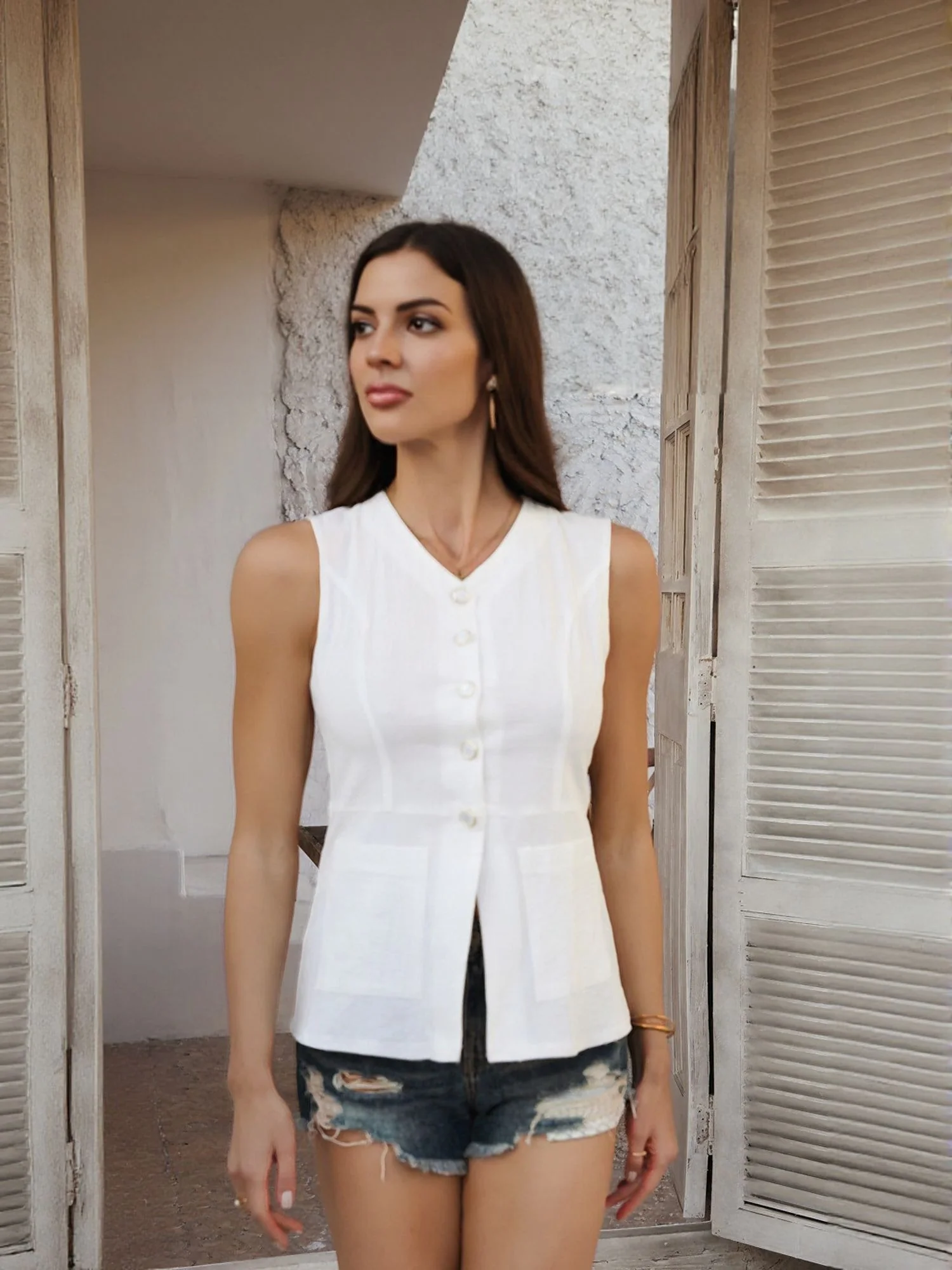 White Buttoned Vest Blouse - Image 3