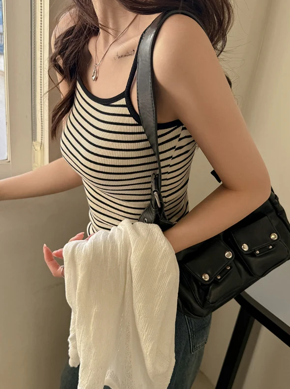 White Contrast Trim Stripe Camisole - Image 2