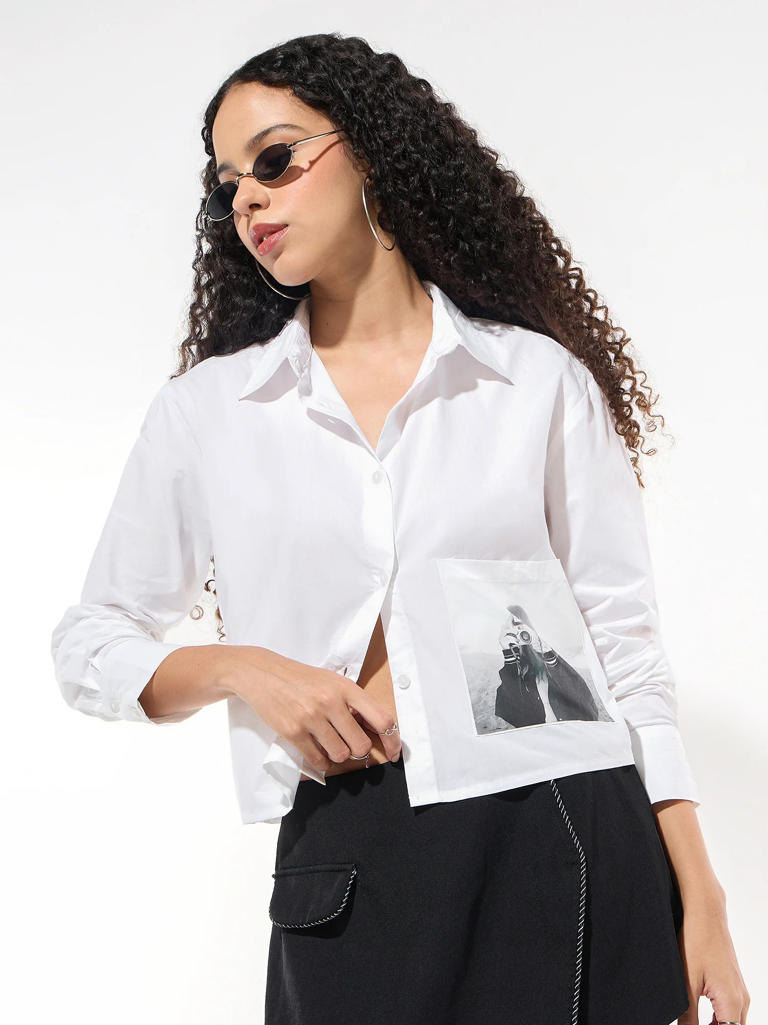 White Cropped Printed Shirt - Image 2