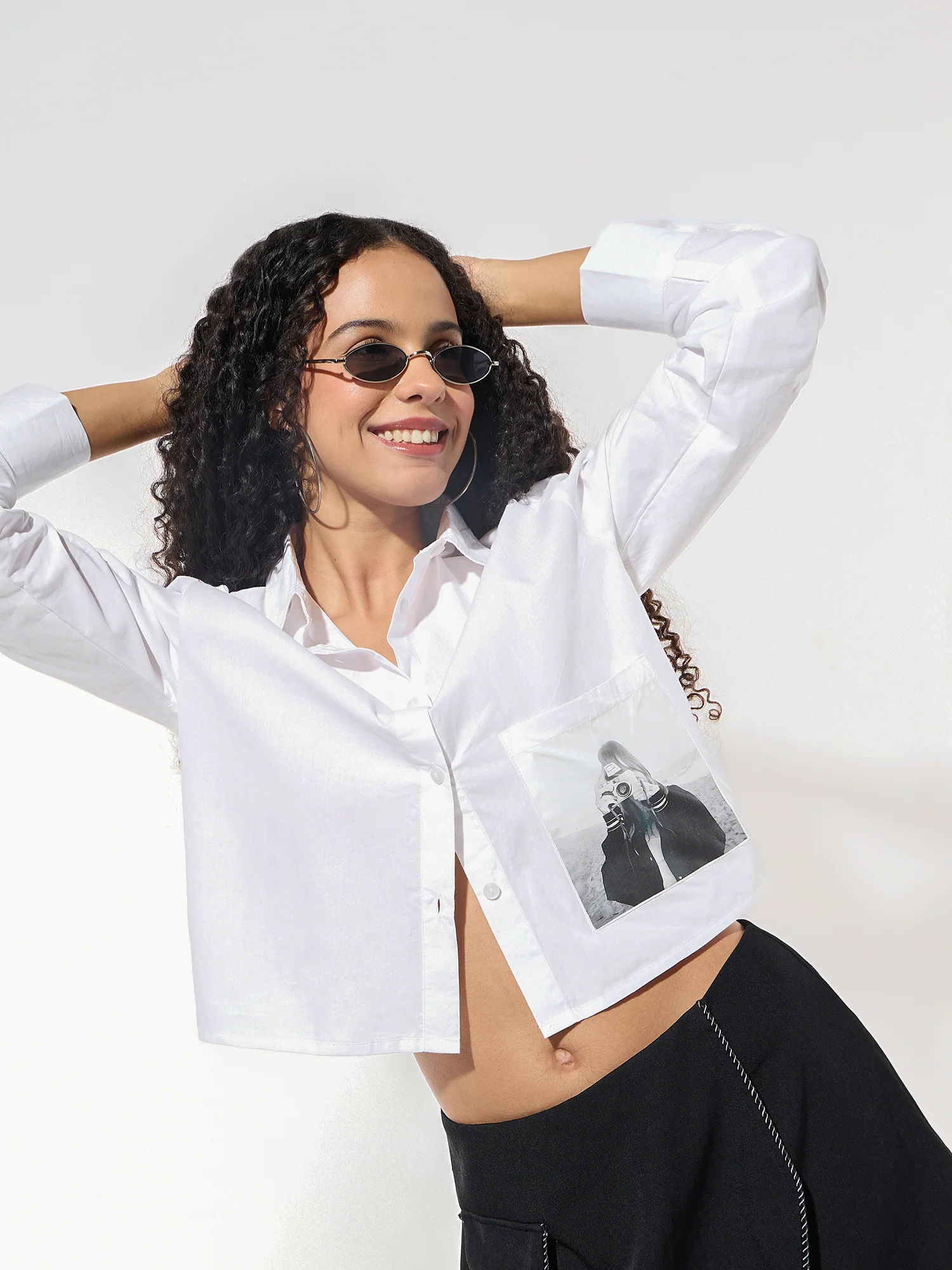 White Cropped Printed Shirt - Image 7