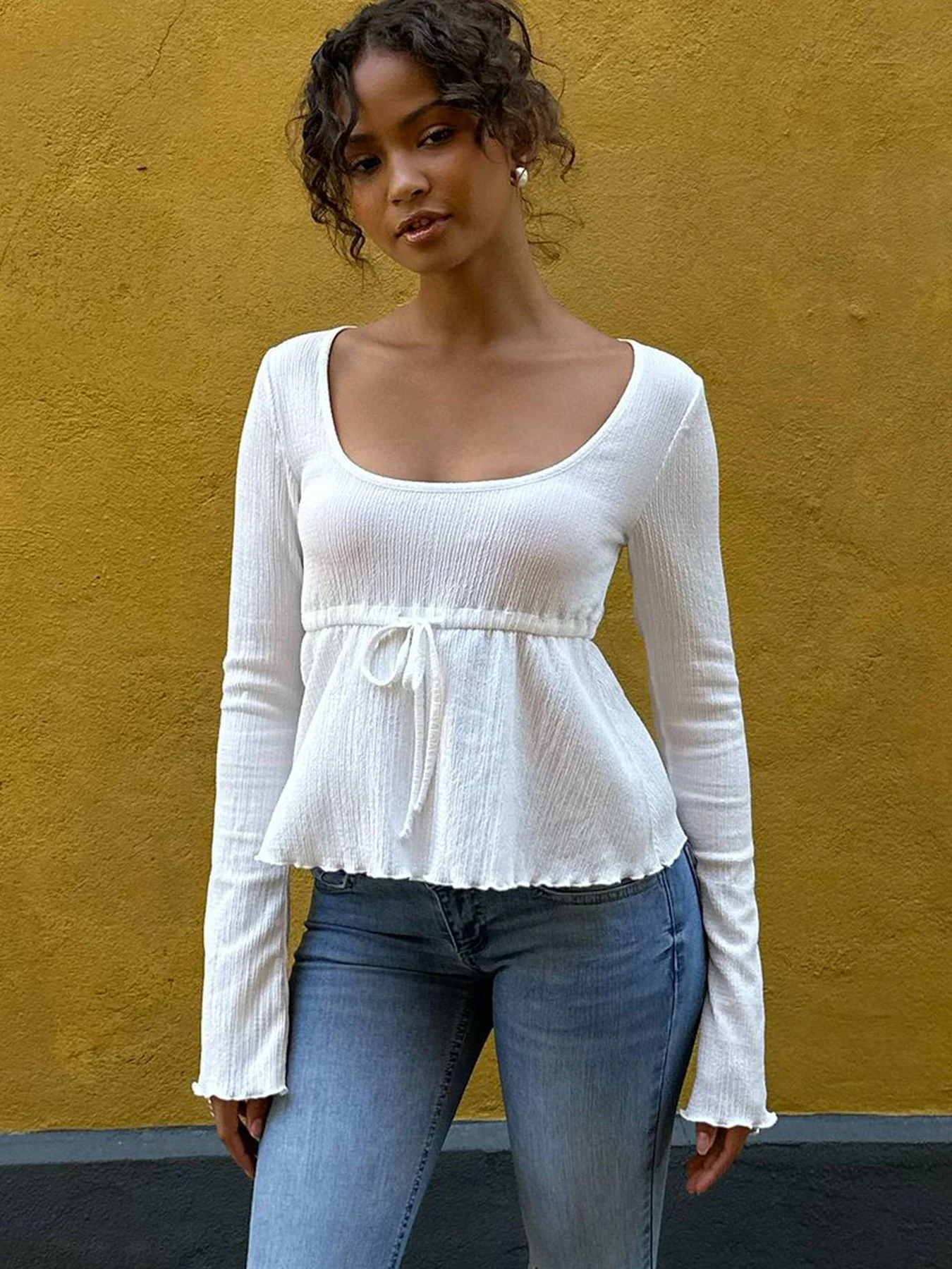 White Deep Round Neck Peplum Top With Full Sleeves