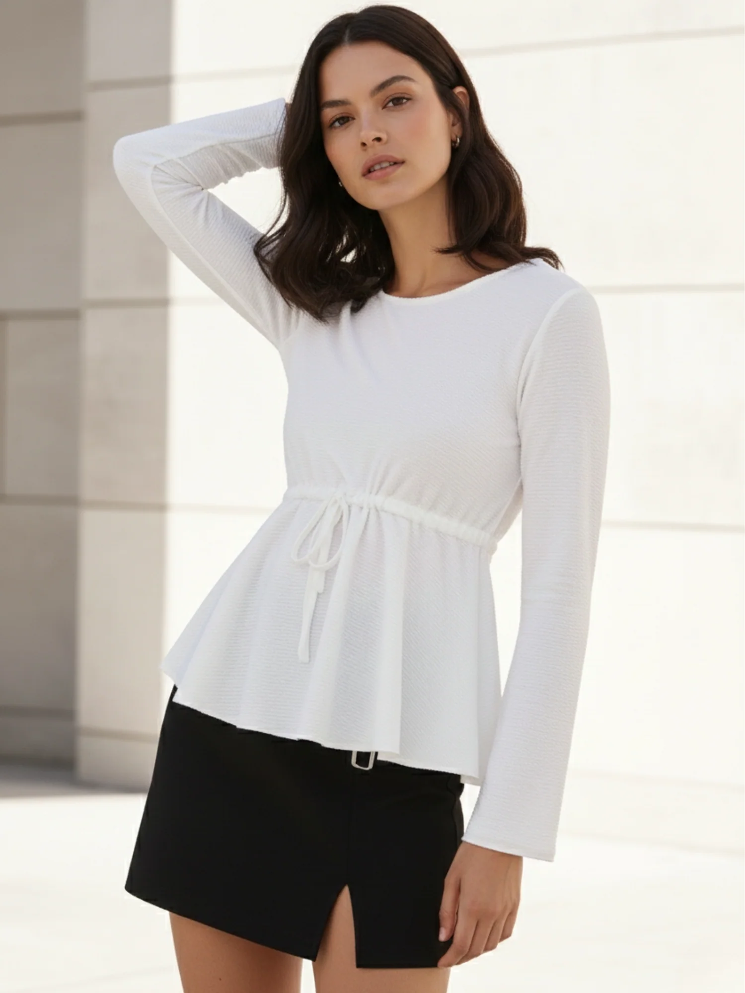 White Deep Round Neck Peplum Top With Full Sleeves - Image 3