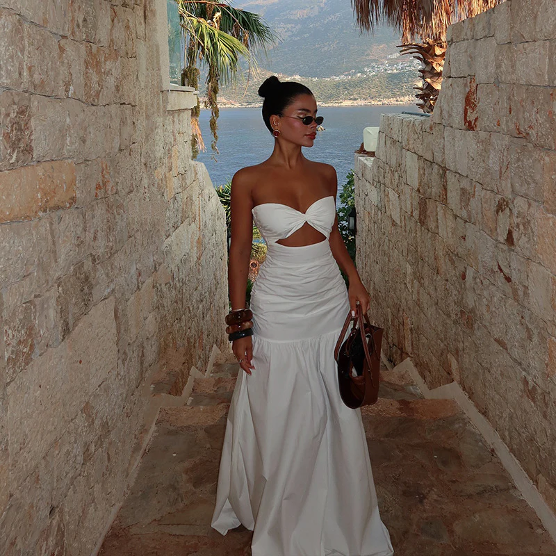 White Fitted Bust With Waist Cutout Maxi Dress - Image 2