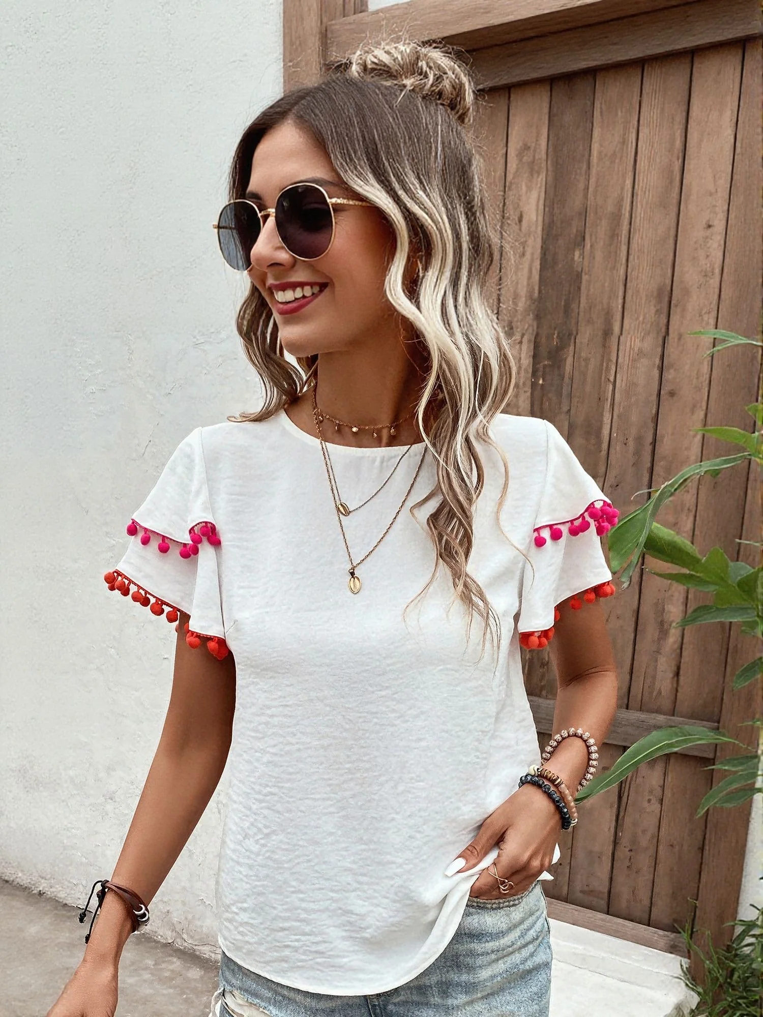 White Flared Sleeve Top With Lace Details - Image 2