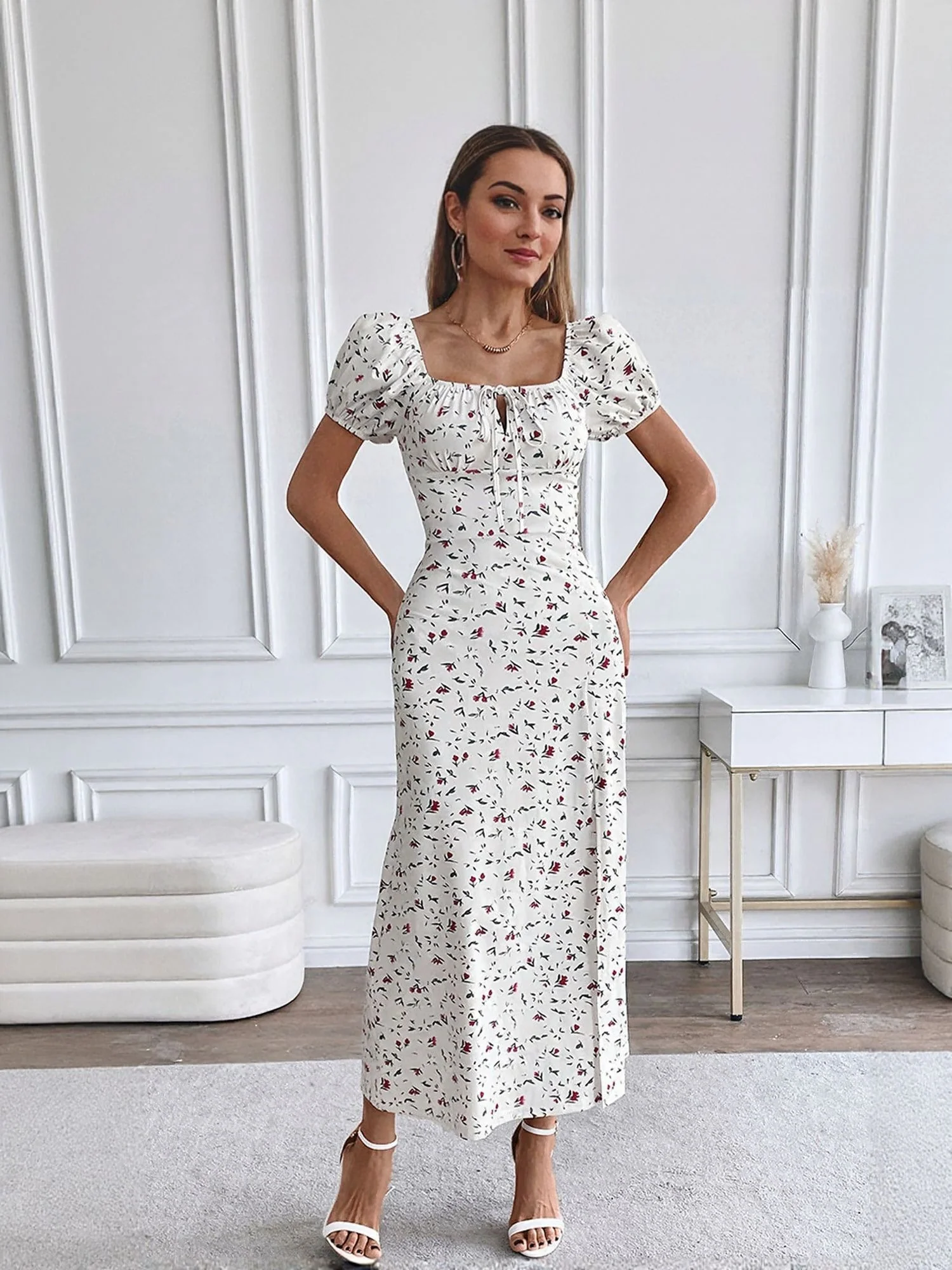 White Floral Print Front Slit Maxi Dress - Image 2