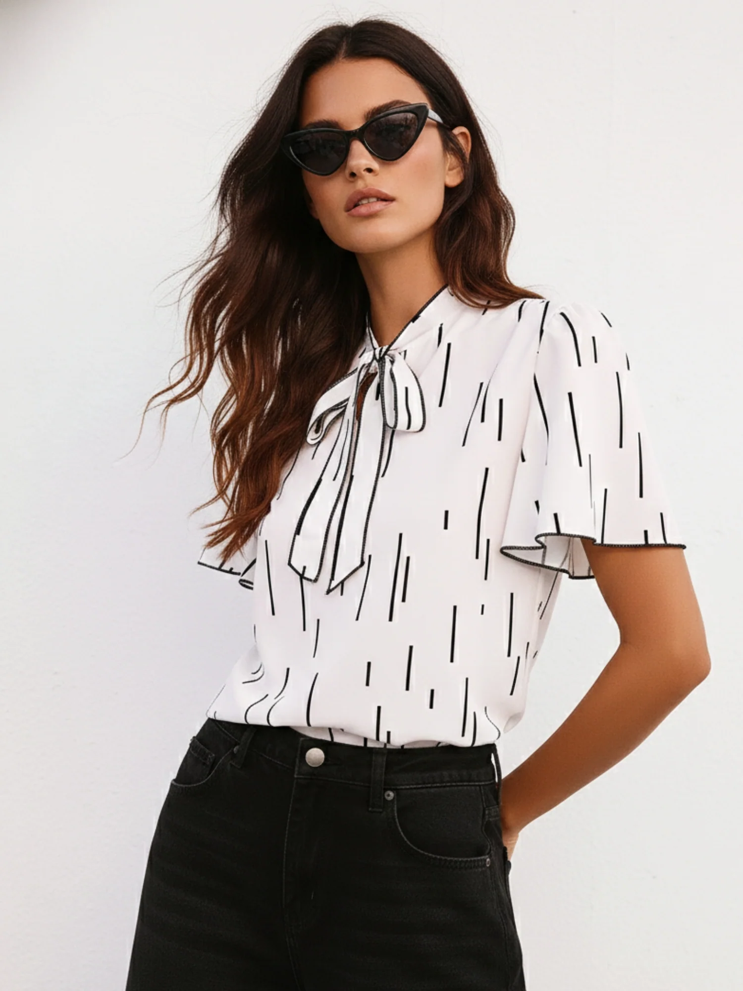 White Flutter Sleeved Printed Blouse - Image 2