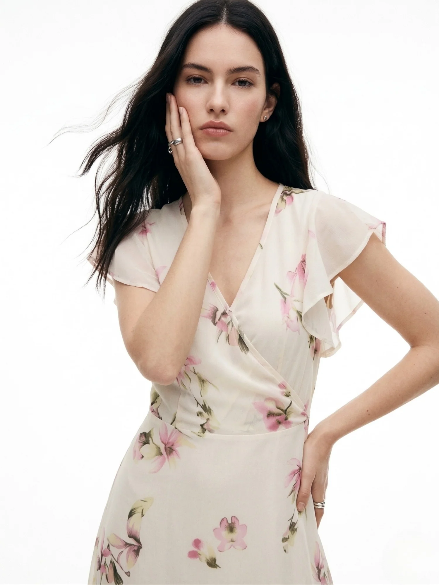 White Flutter Sleeved Printed Midi - Image 2