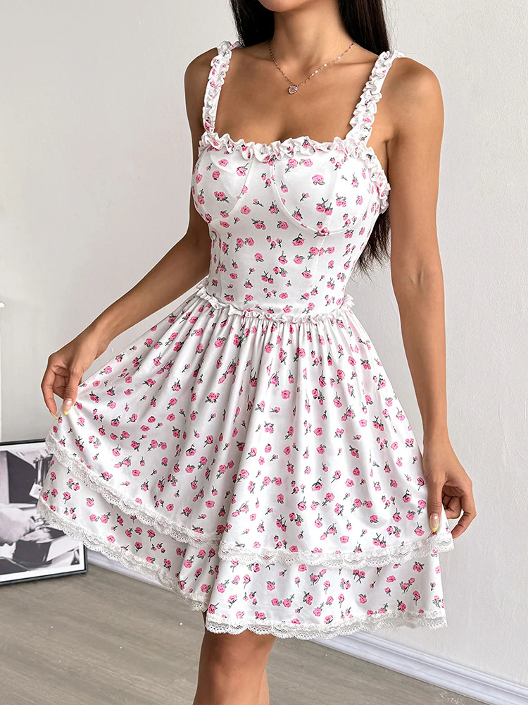White Frilly Strapped Printed Mini Dress - Image 4