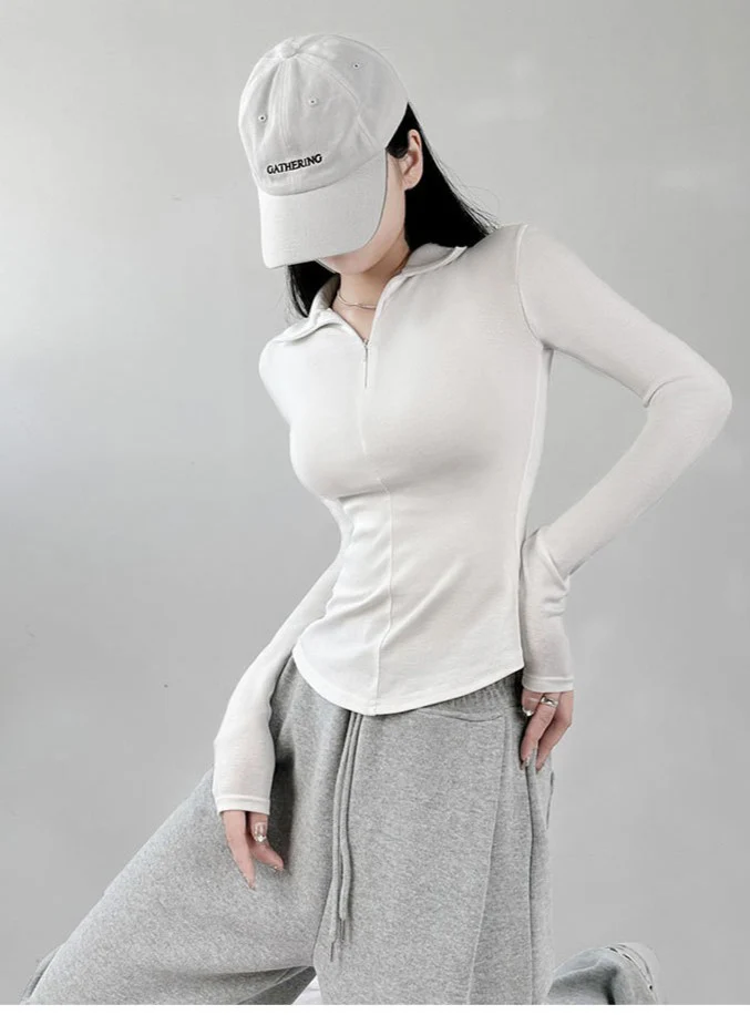 White Front Zip Full Sleeved T-Shirt