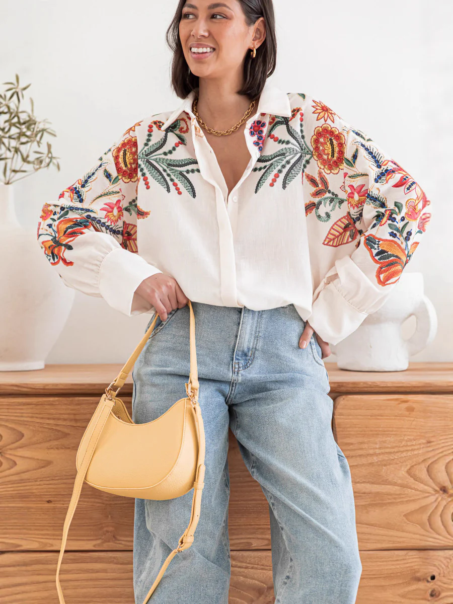 White Full Sleeve Embroidered Collared Top - Image 2