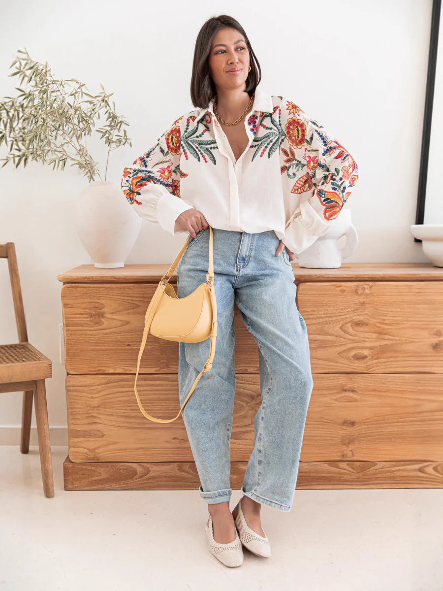 White Full Sleeve Embroidered Collared Top - Image 3