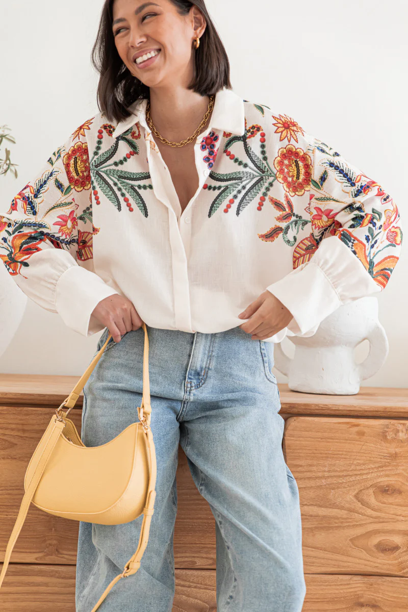 White Full Sleeve Embroidered Collared Top - Image 4