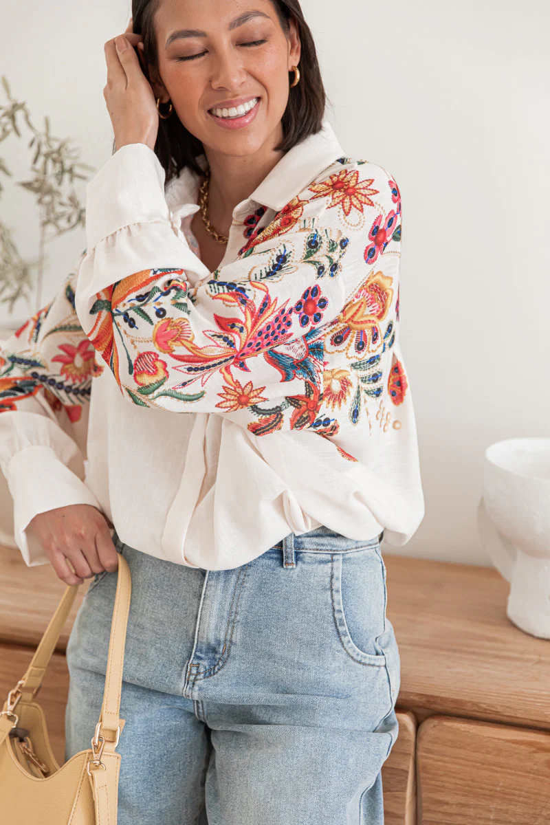 White Full Sleeve Embroidered Collared Top - Image 5