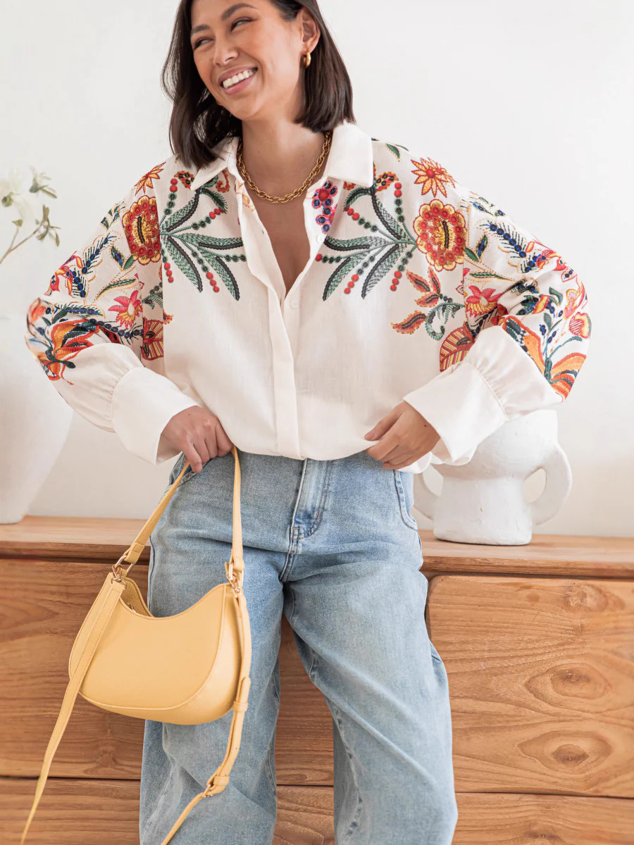 White Full Sleeve Embroidered Collared Top - Image 7