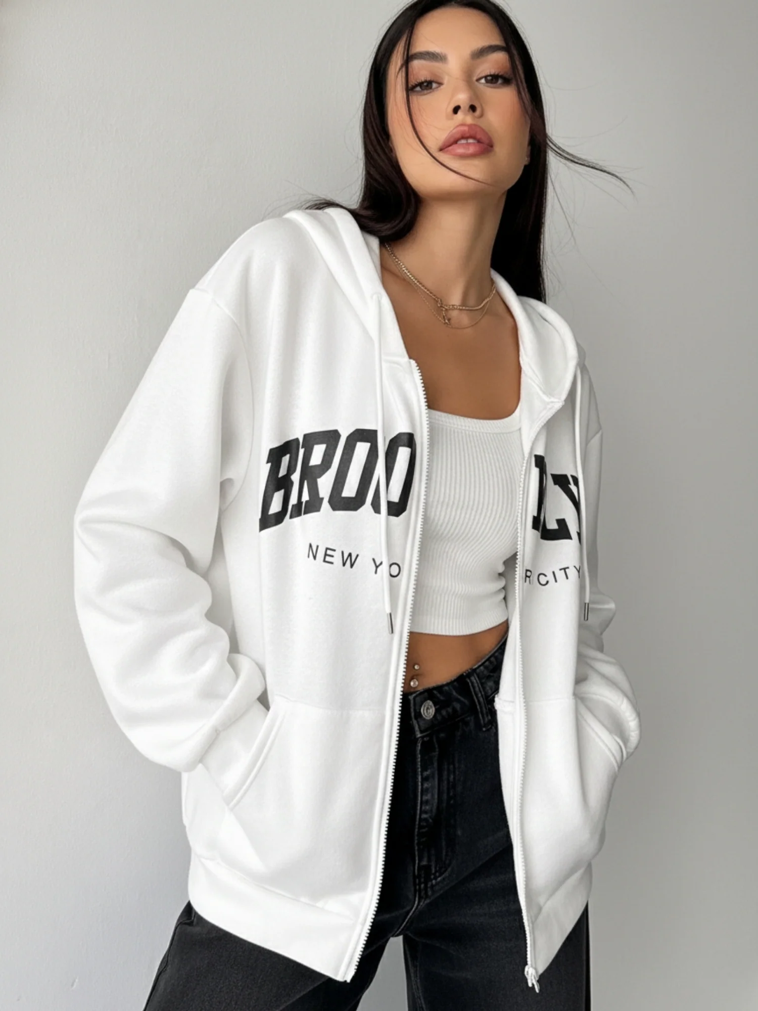 White Full sleeve front zip hooded jacket