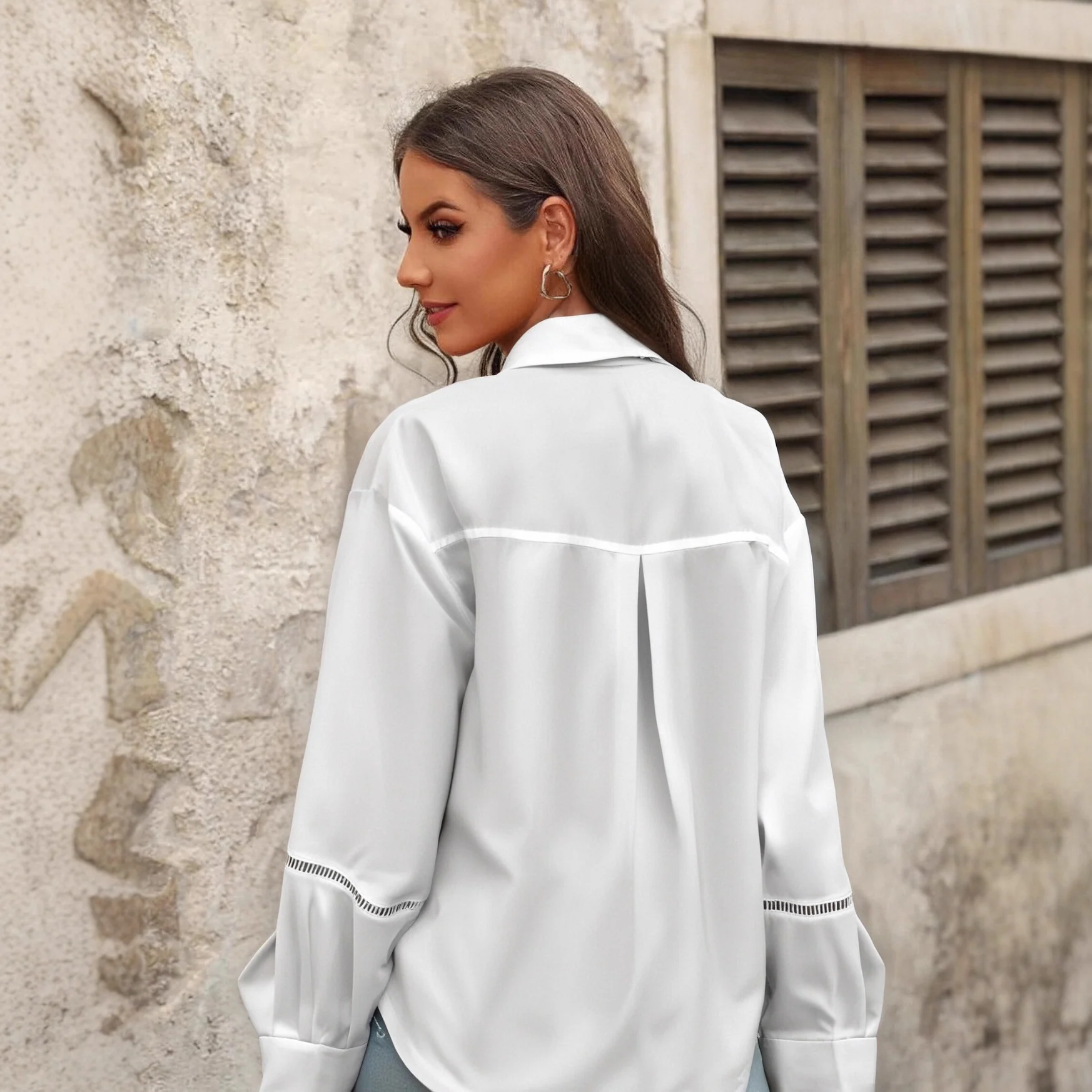 White Full Sleeve Lace Detail Collared Top - Image 2