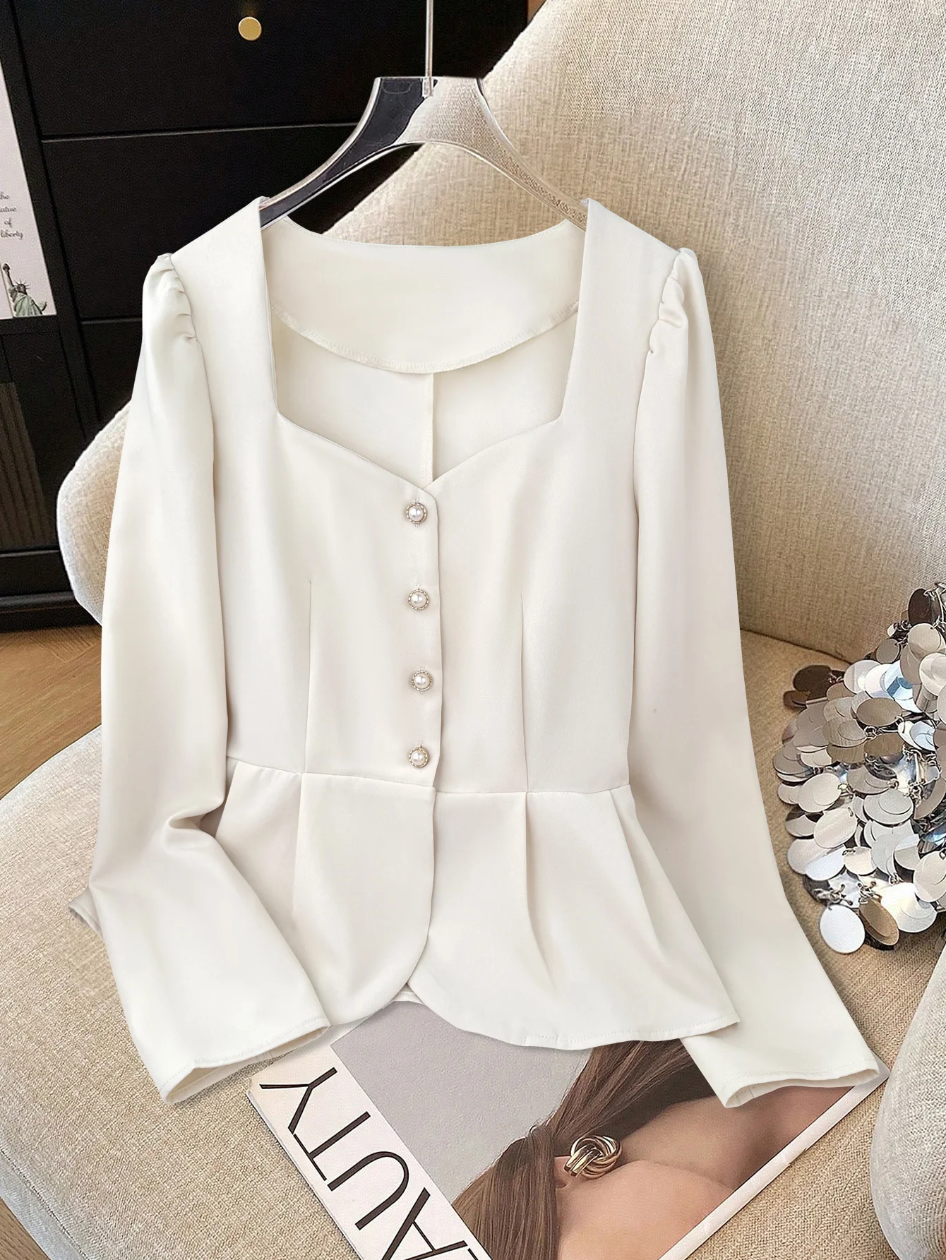 White Full Sleeve Peplum Style Top